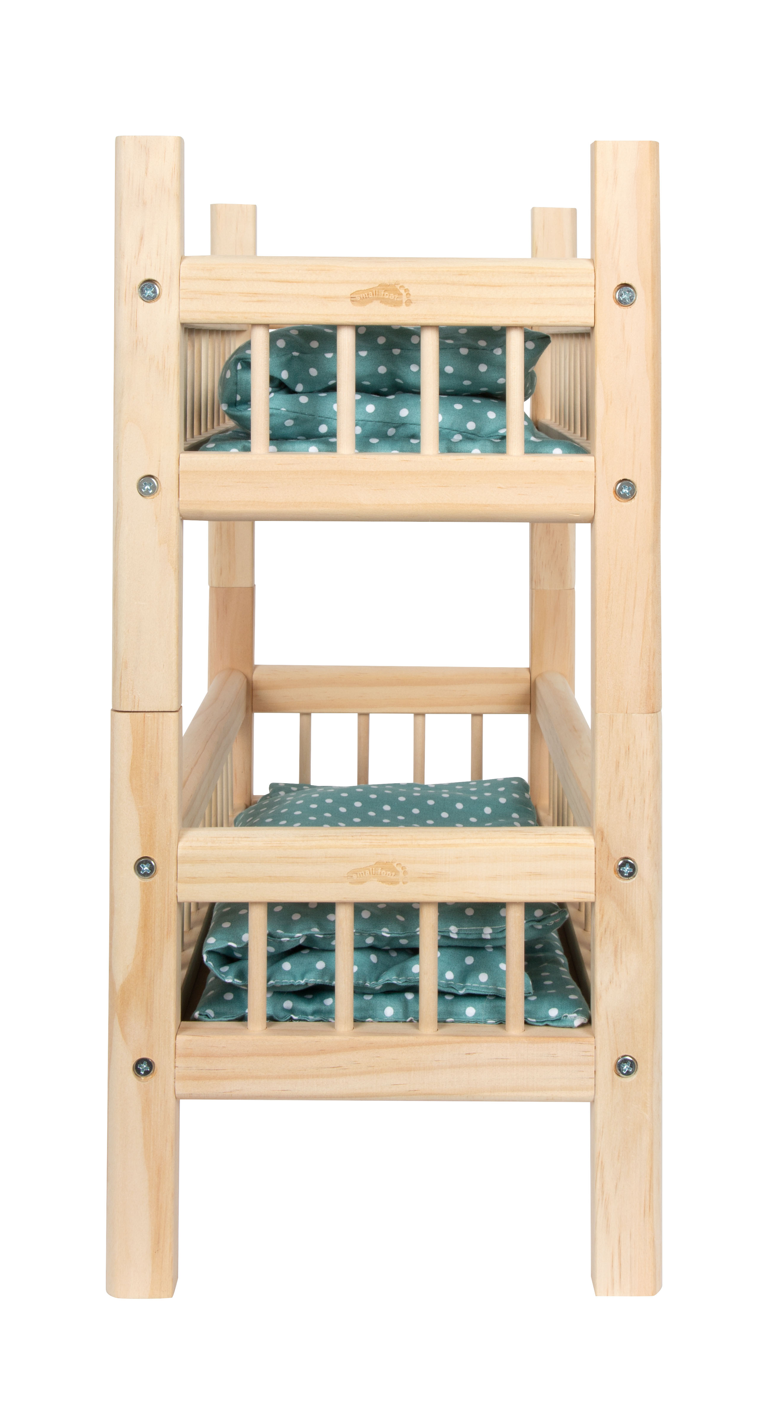 Puppenhochbett aus Holz mt Gitterstäben und Bettzeug