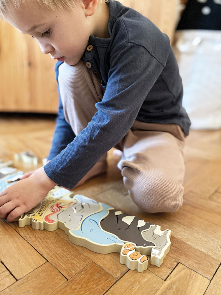 Kind spielt mit Buchstabenpuzzle Tiere