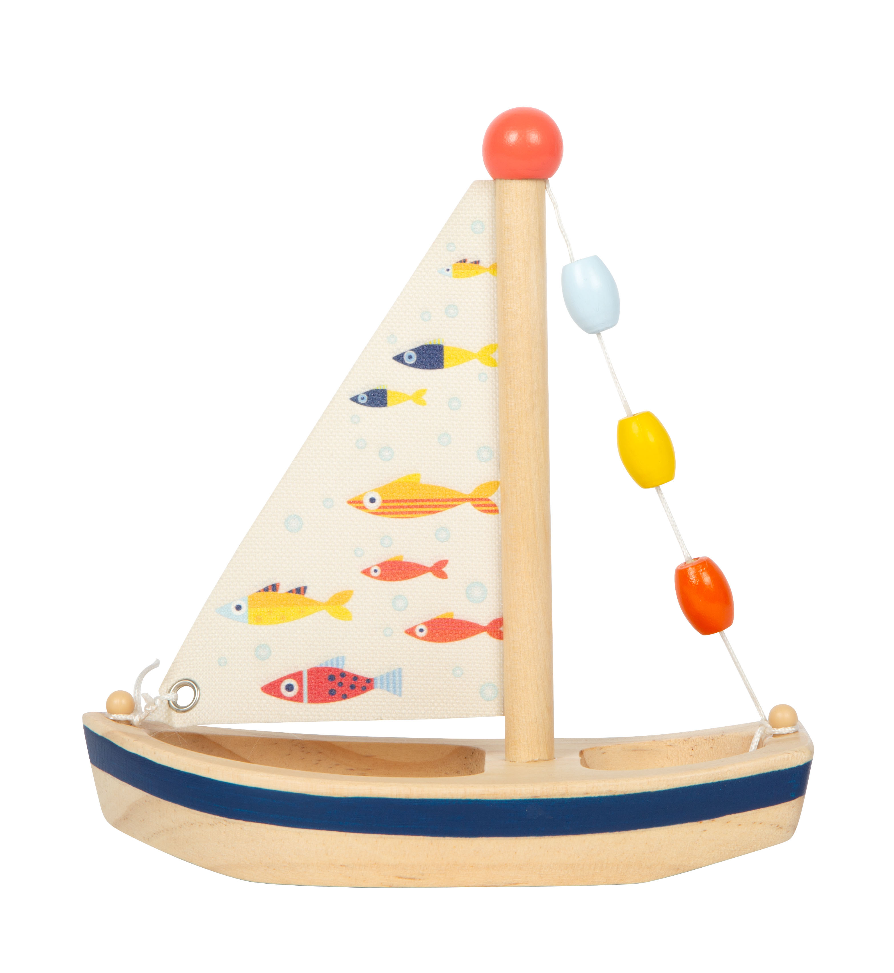 Wasserspielzeug Segelboot aus Holz mit Fisch-Motiven