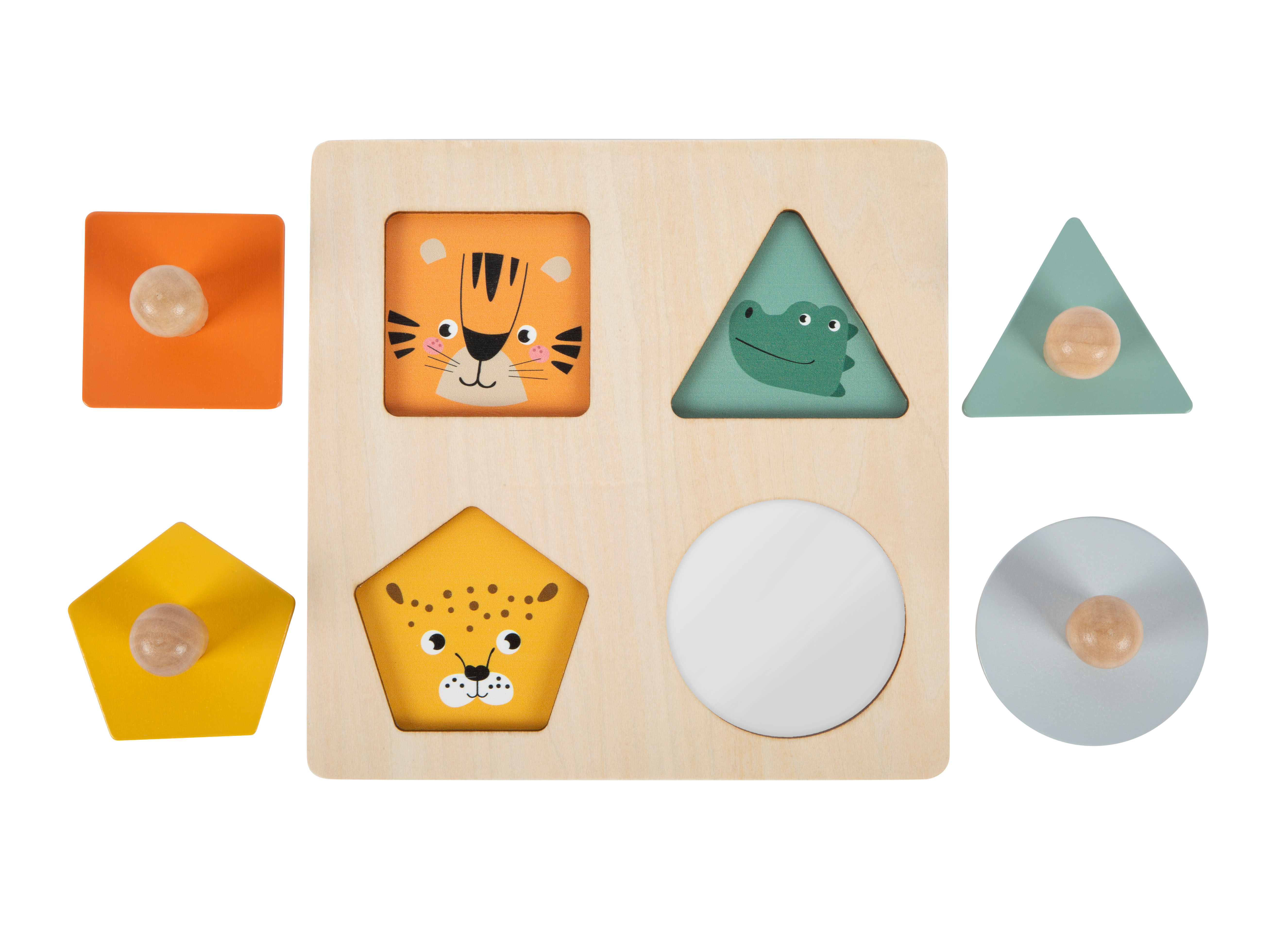 Montessori Setzpuzzle mit Tiergesichtern und Spiegel zum Entdecken