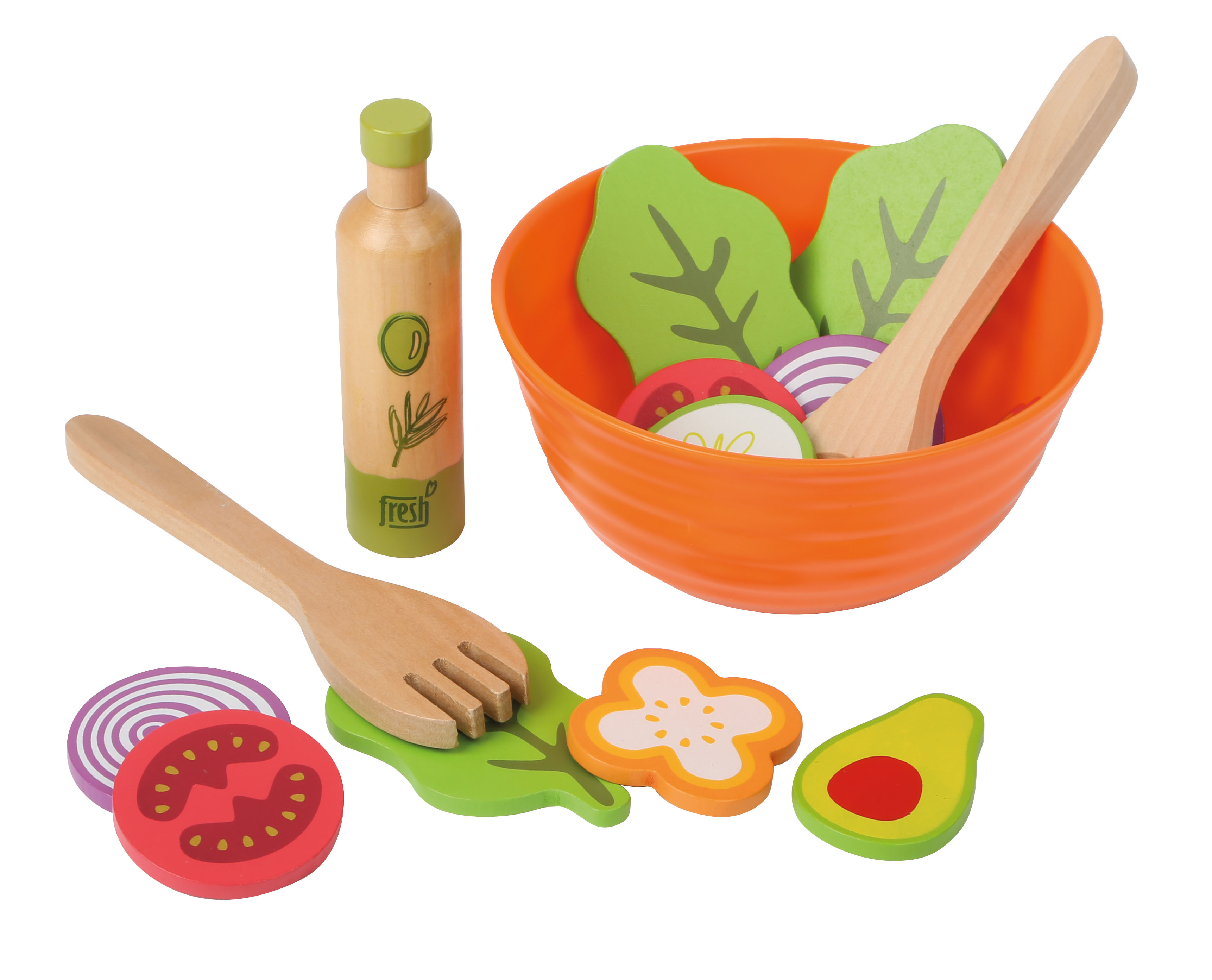 Orangene Salatschüssel mit Salatbeilagen aus Holz zum spielen