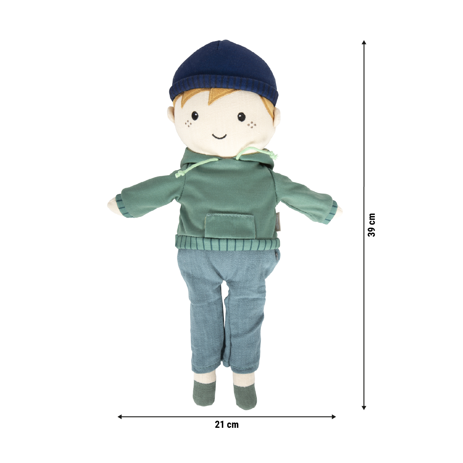 Stoffpuppe Luca als Maßgrafik mit Produktabmessungen