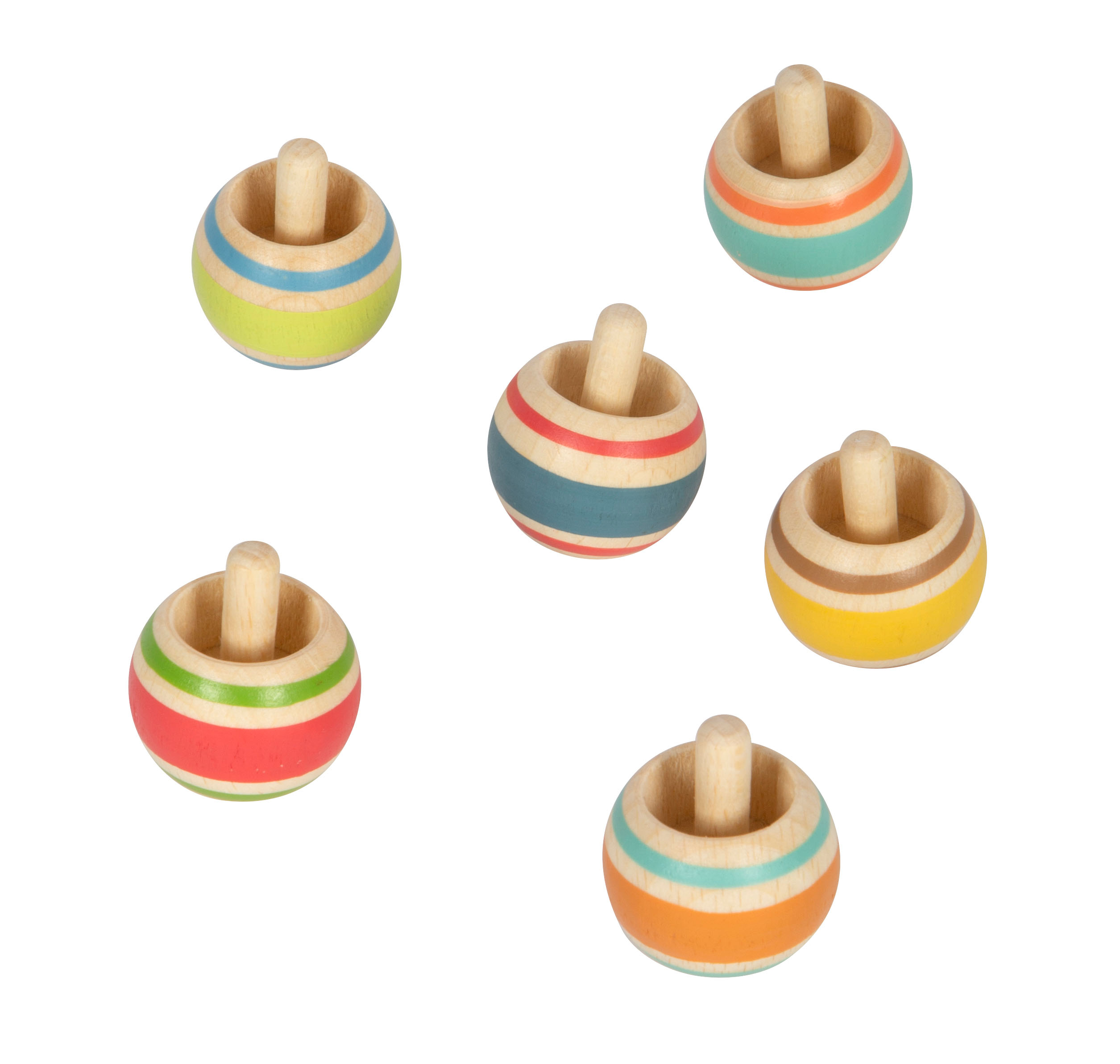 Sechs bunte Wendekreisel als Holz