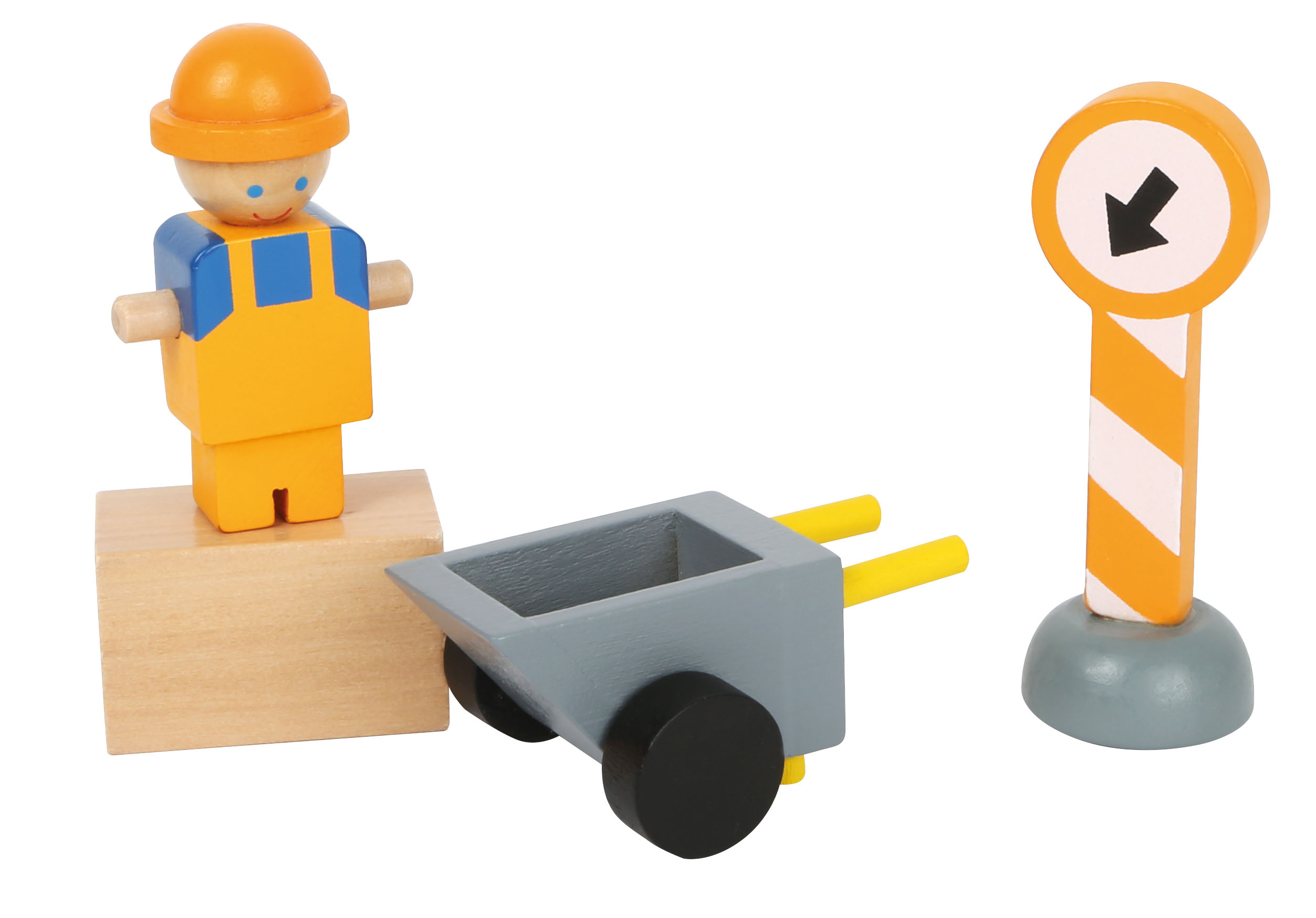 Spielfigur und Baustellen-Spielzeug aus Holz