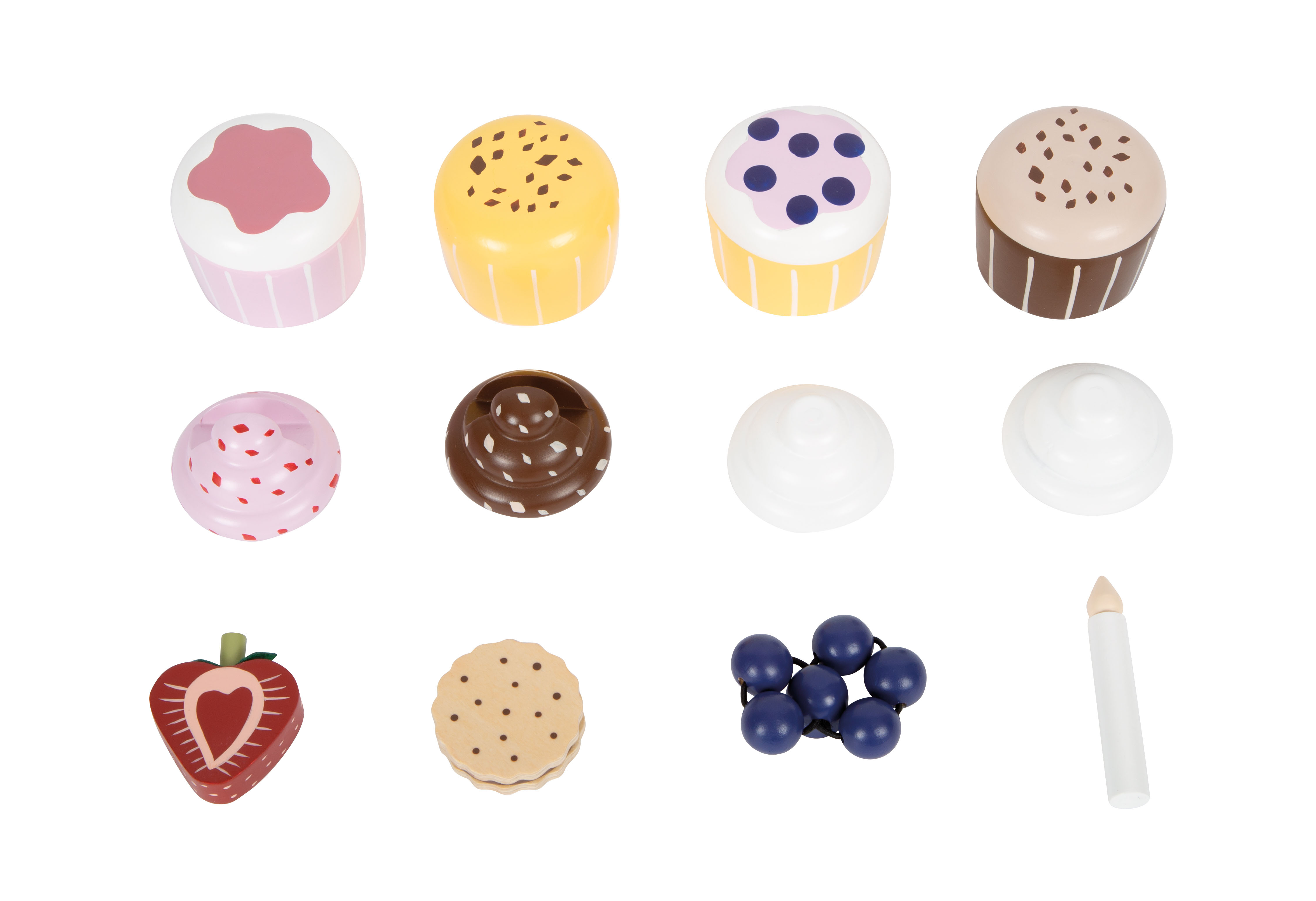 Cupcakes mit Toppings und Kerze aus Holz