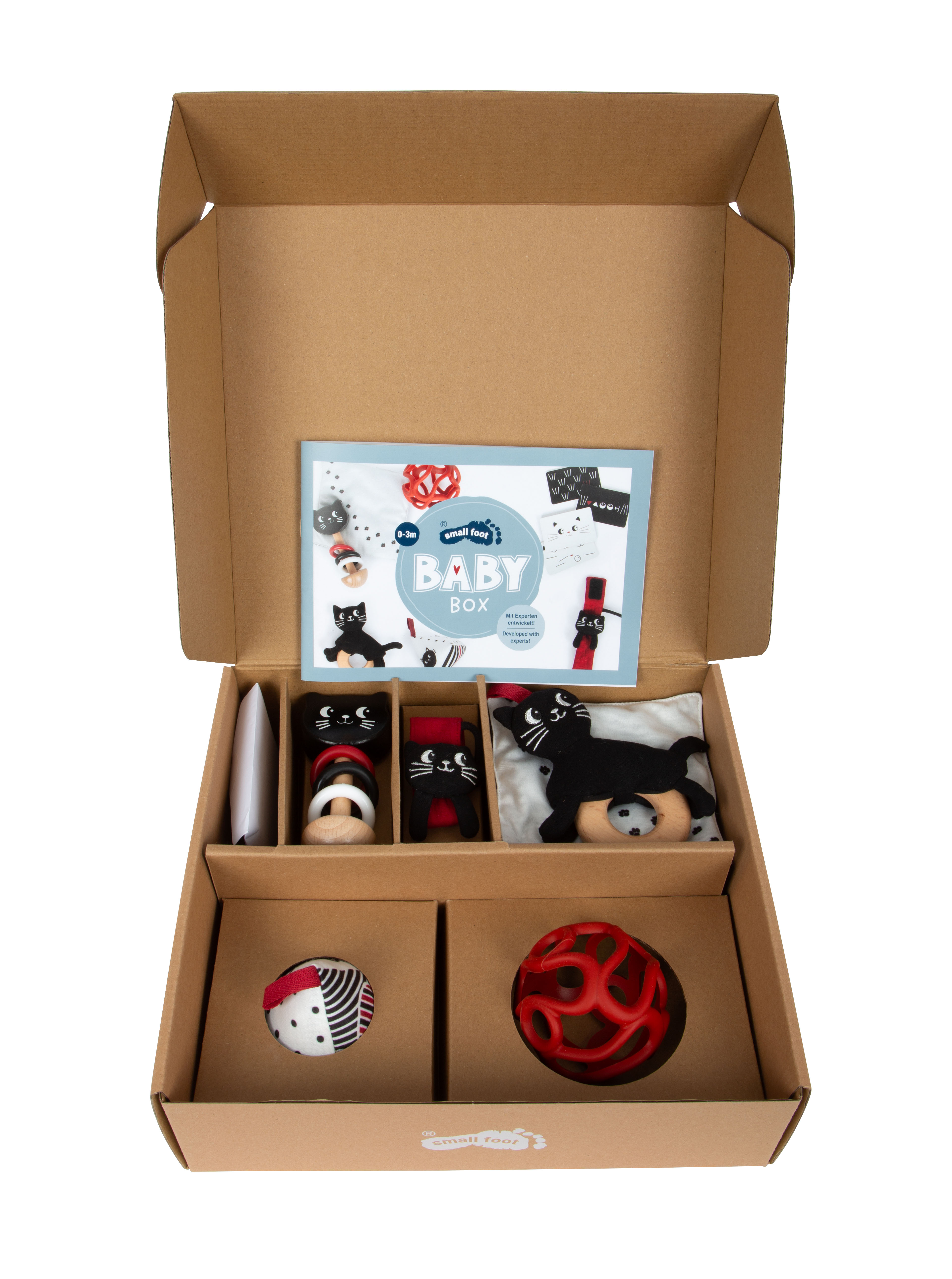 Baby Box, Kugelspielzeug, Rassel, Katzenmotive, Holzspielzeug