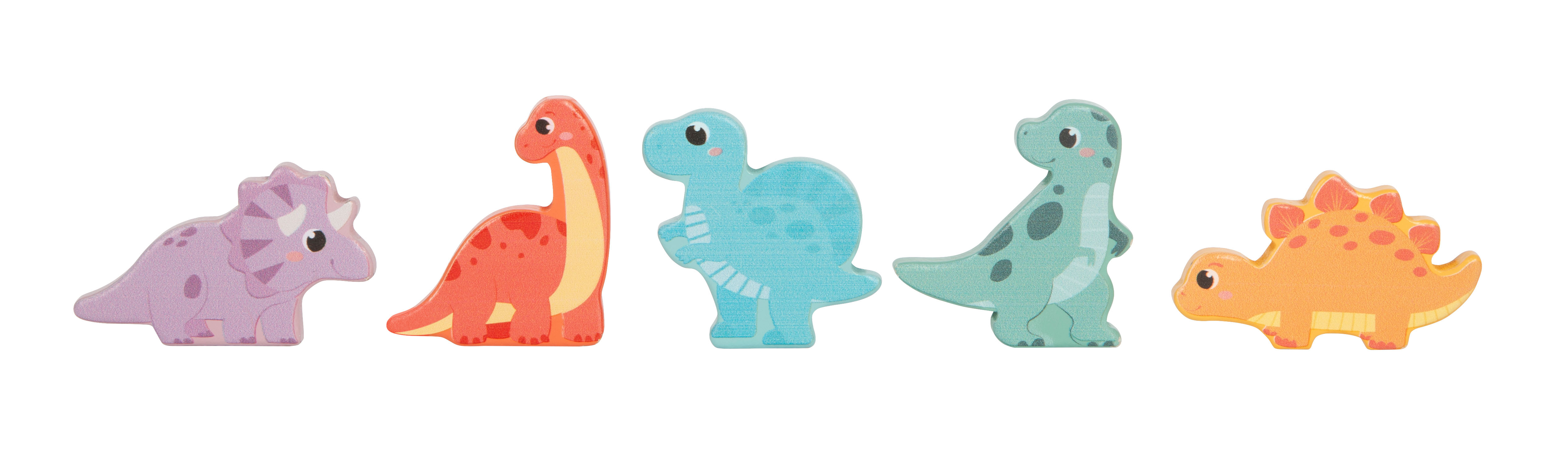 Fünf farbige Dinosaurier-Holzfiguren