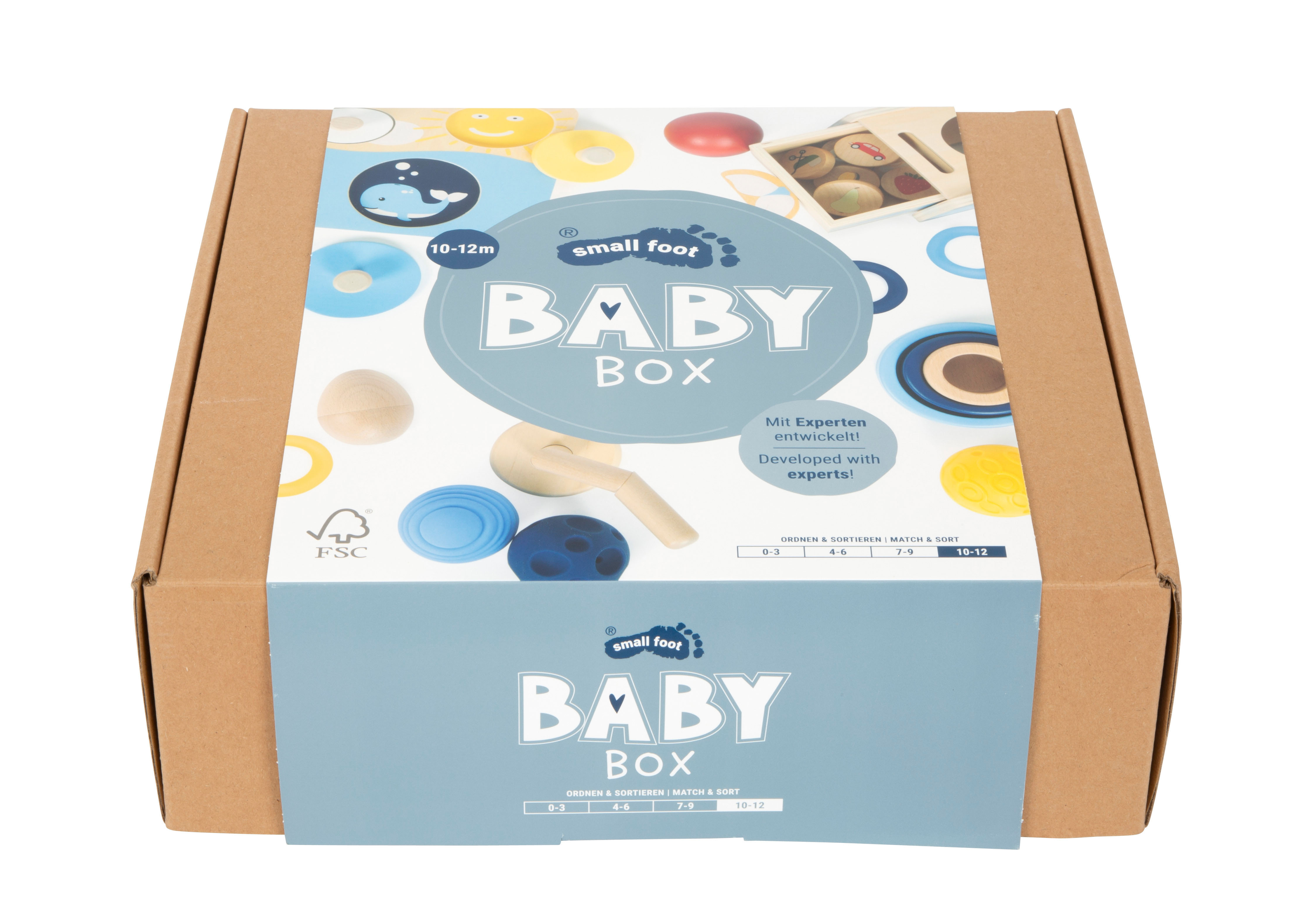 Baby-Box 10–12 Monate „Ordnen & Sortieren“ in der Verpackung