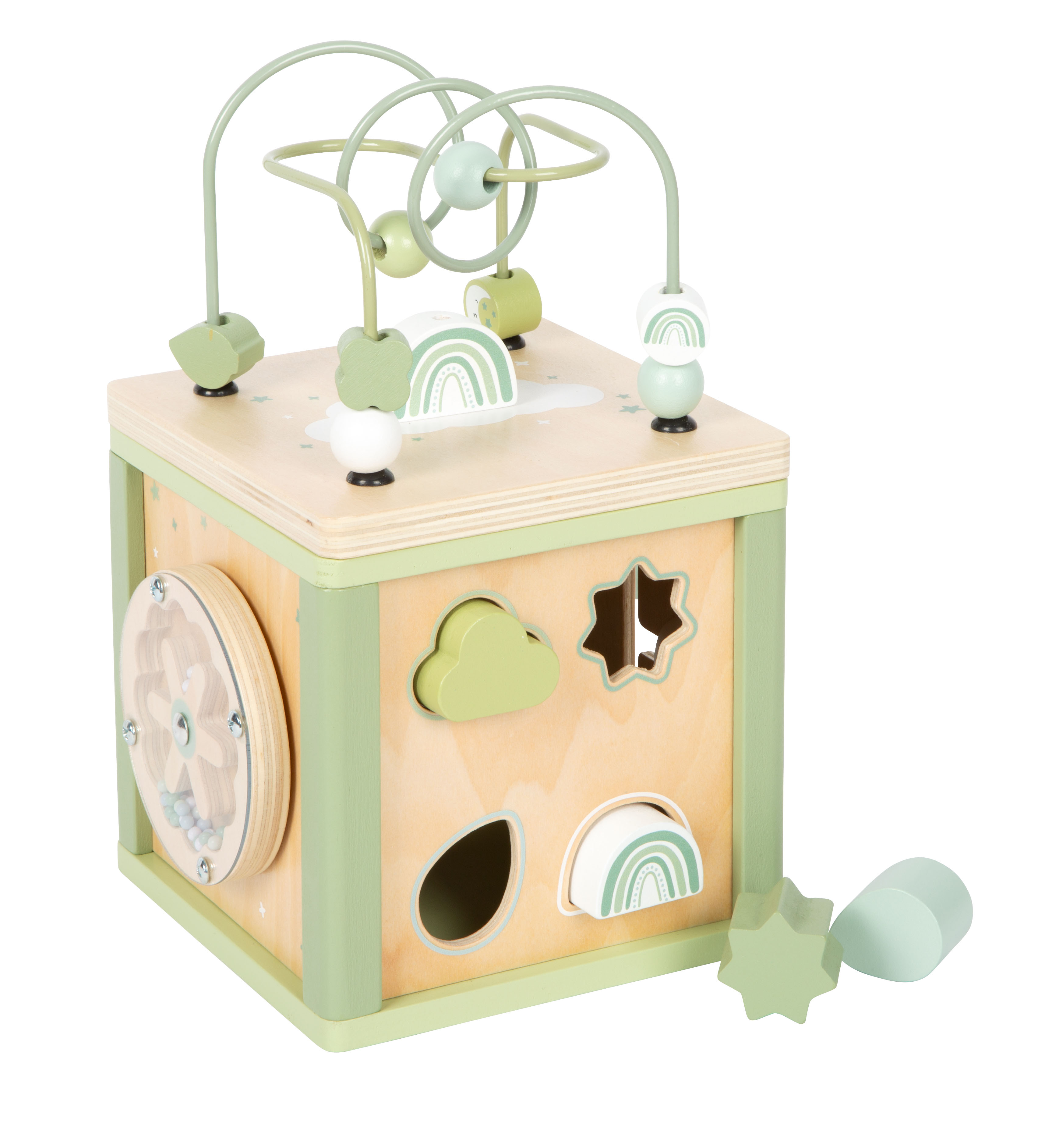 Grüner Motorikwürfel mit 5-in-1-Motorikschleife