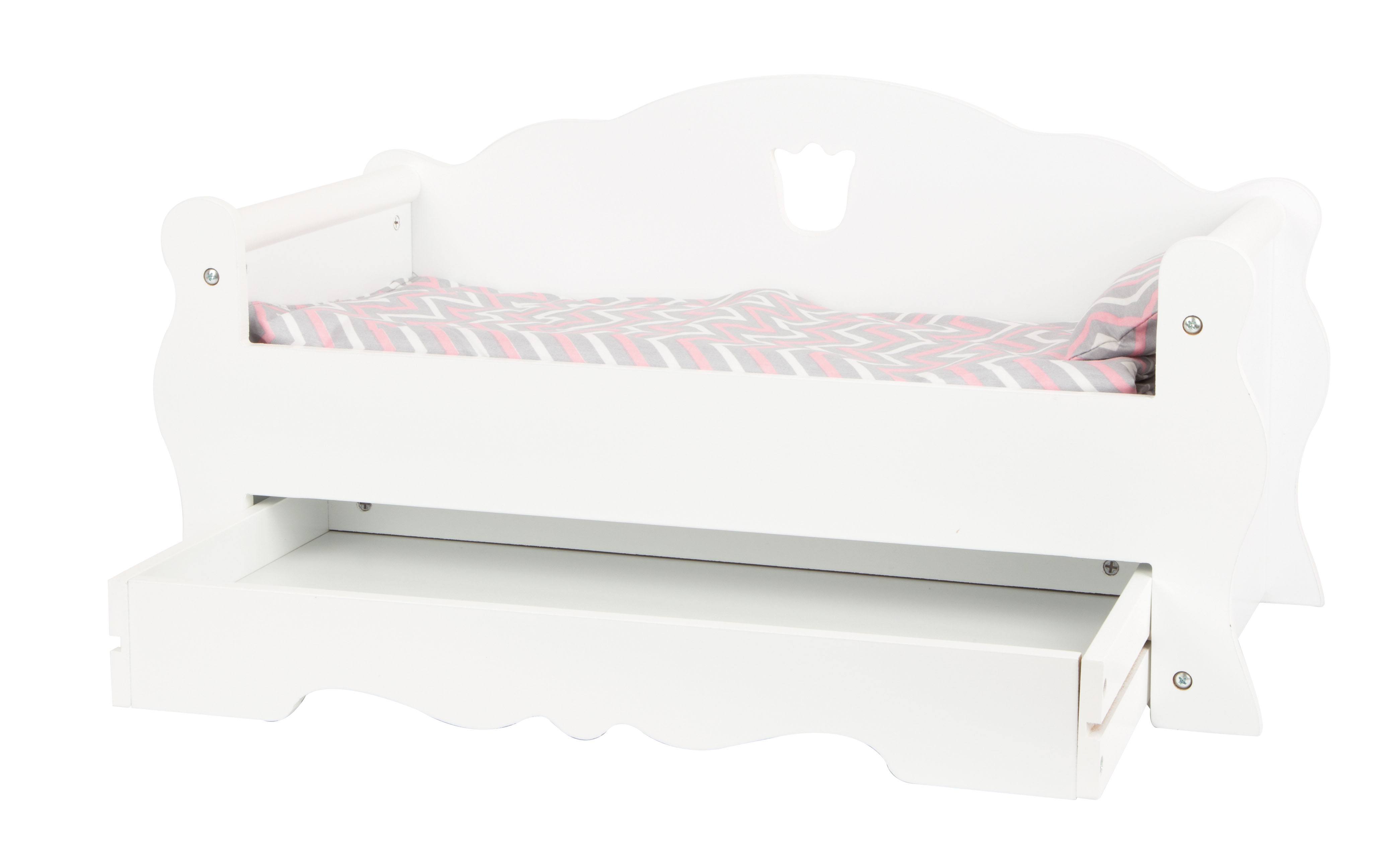 Weißes Puppenbett aus Holz mit Bettkasten