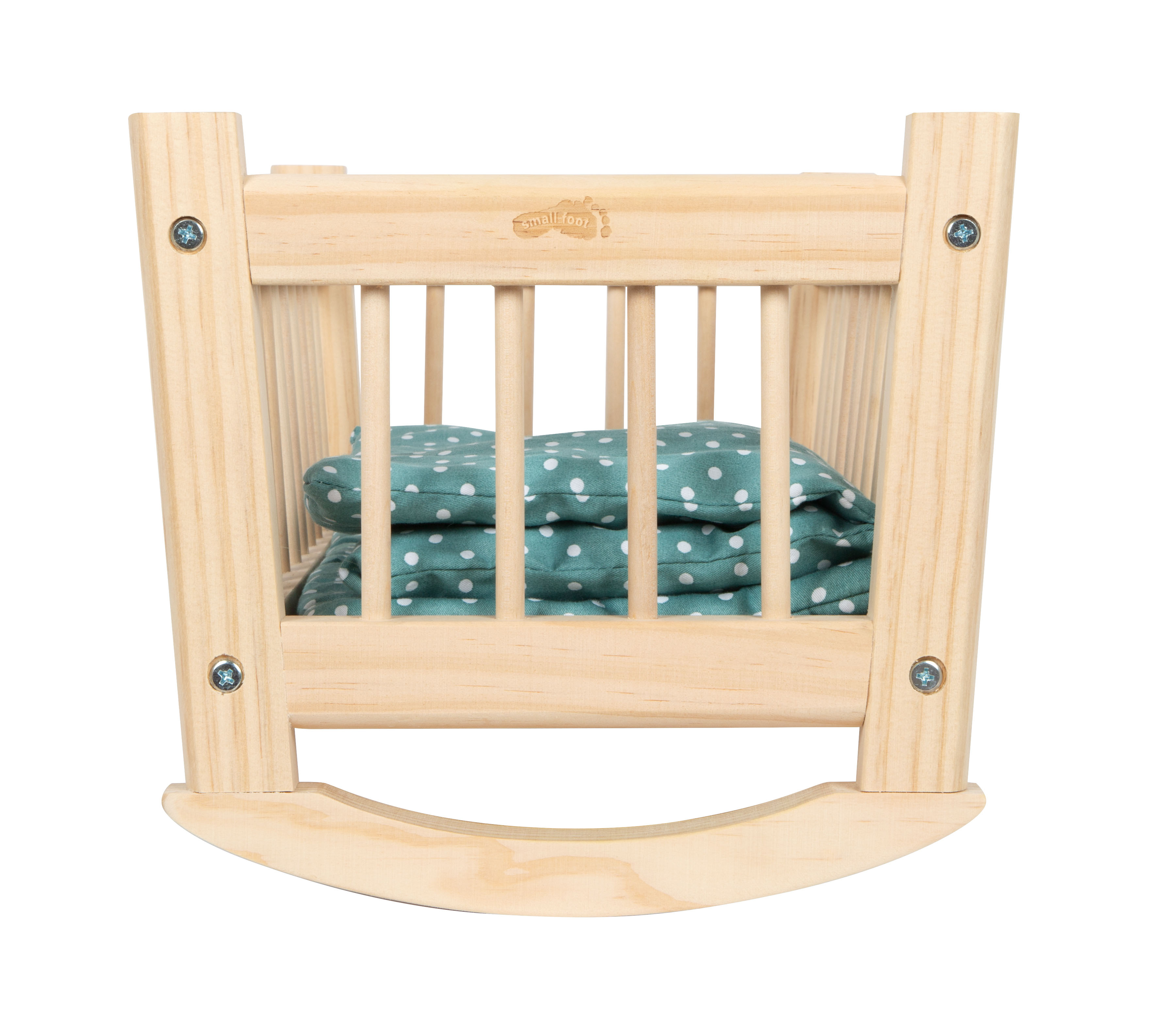 Puppenwiege aus Holz mit Gitterstäben und Bettzeug