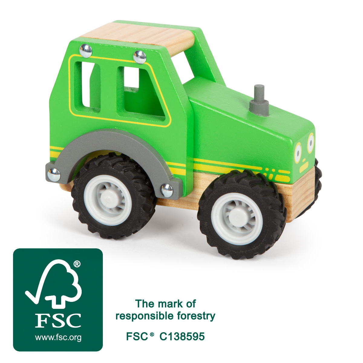 Grüner Holztraktor zum Spielen mit FSC Zertifikat