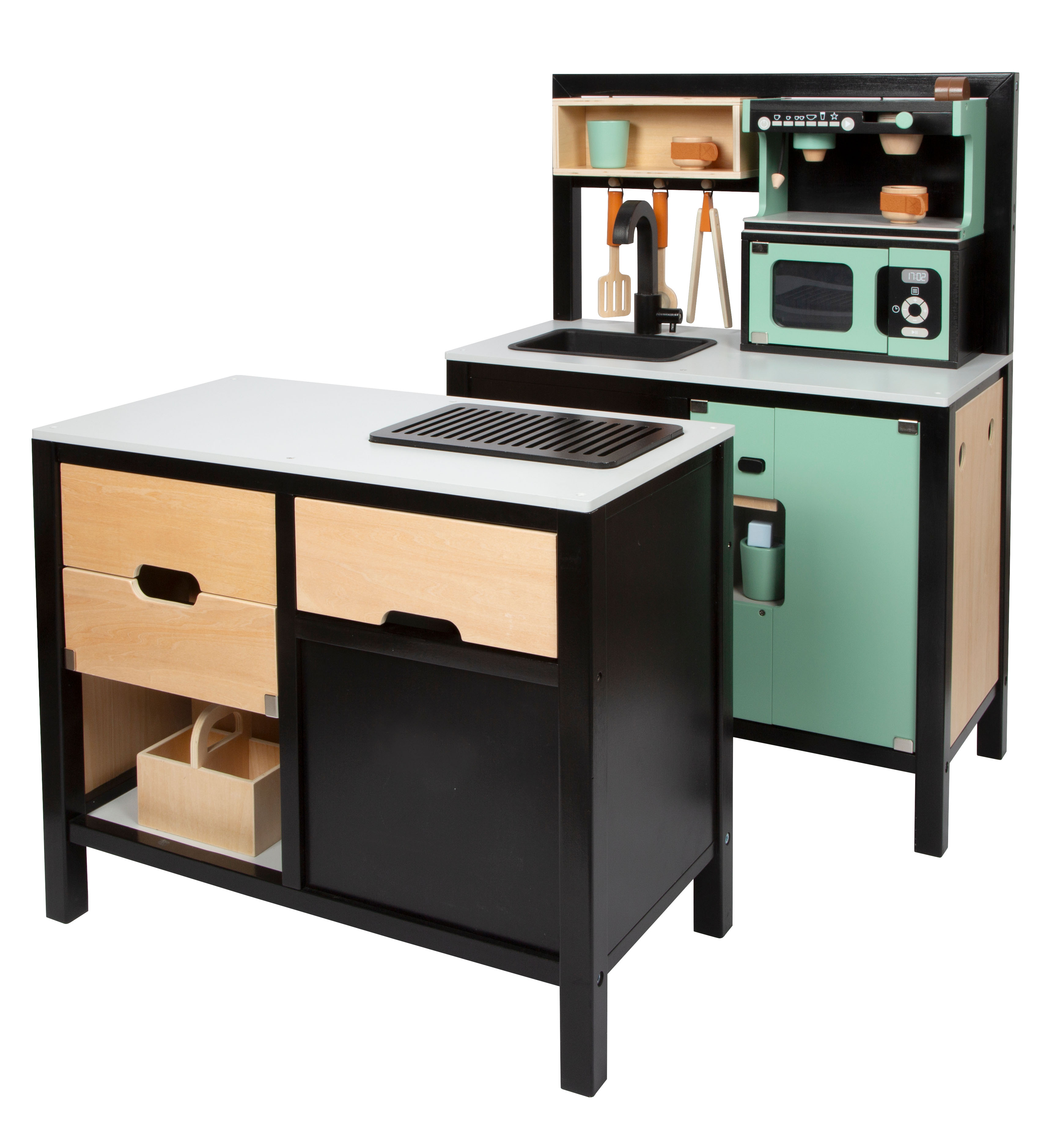 Schwarze Spielküche mit Backofen und Mülleimer aus Holz