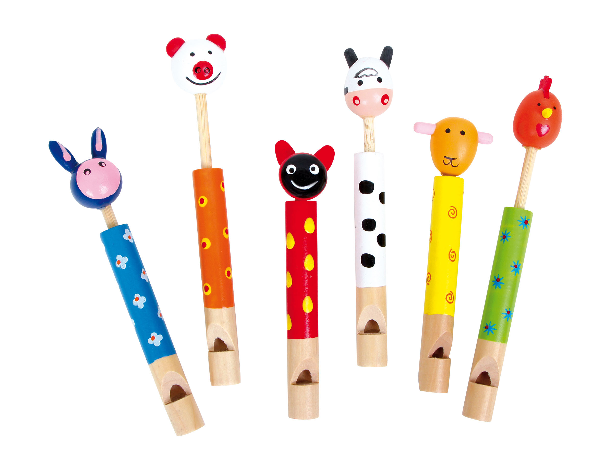 Sechs bunte Tier-Flöten aus Holz für Kinder