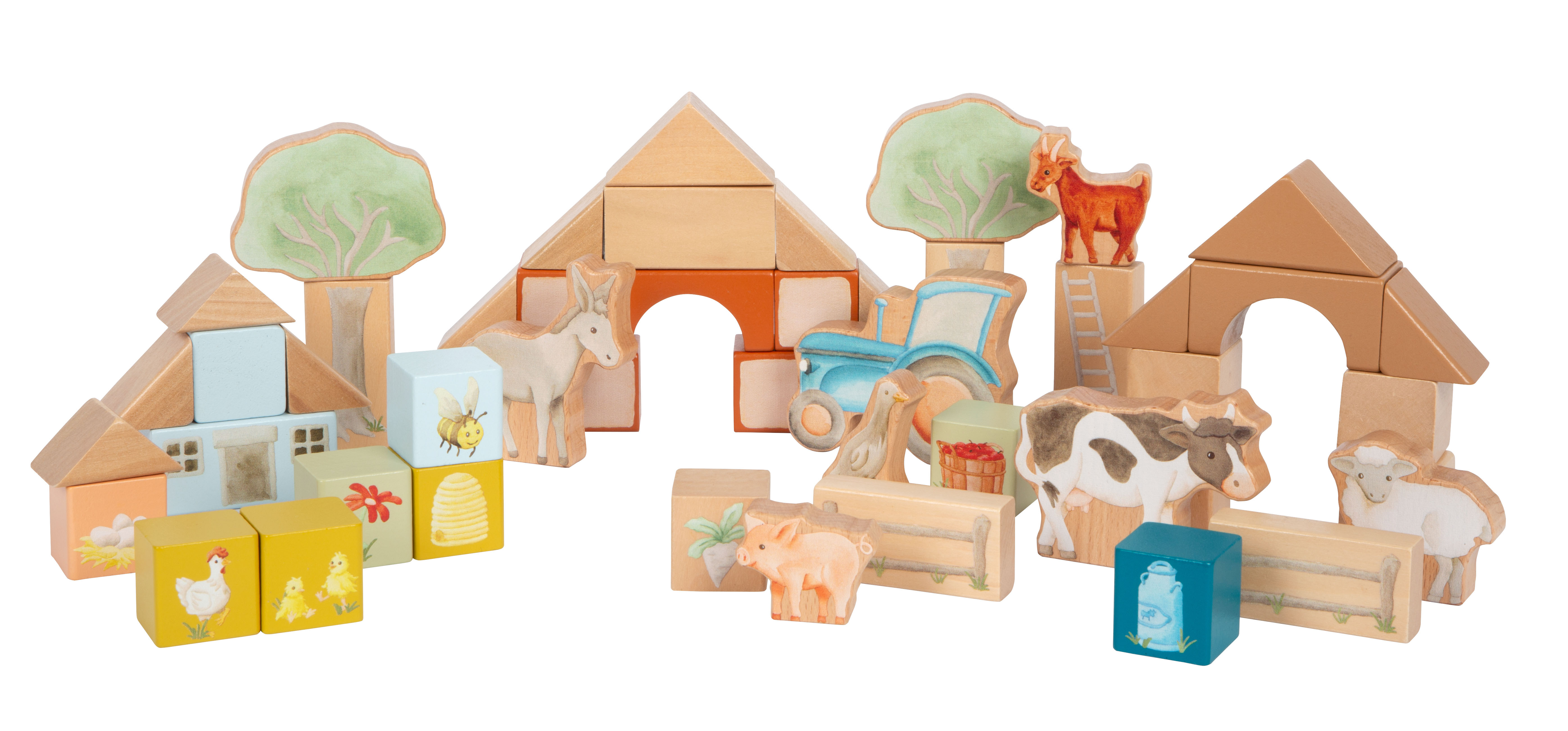 Holzbausteine Buddies mit Bauteilen im Bauernhof-Design