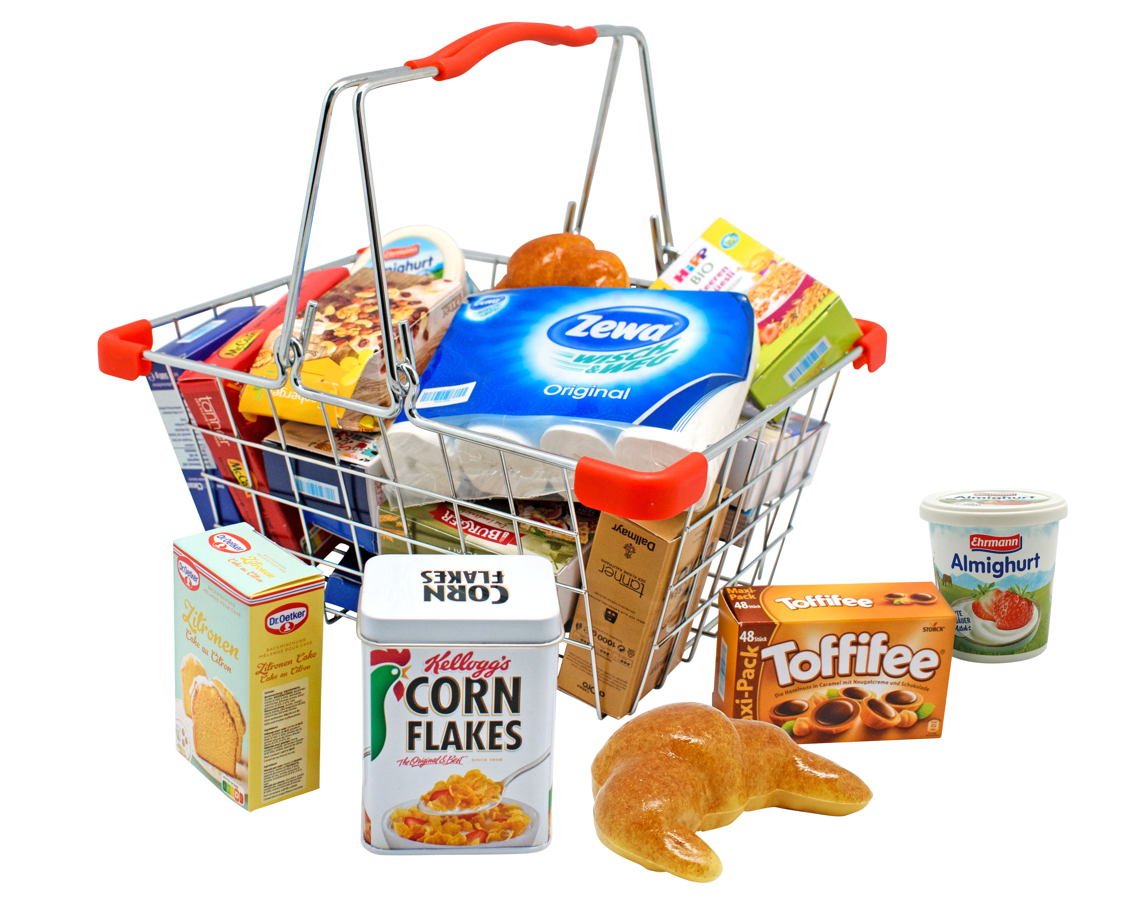 Einkaufskorb Metall mit Cornflakes und Croissant
