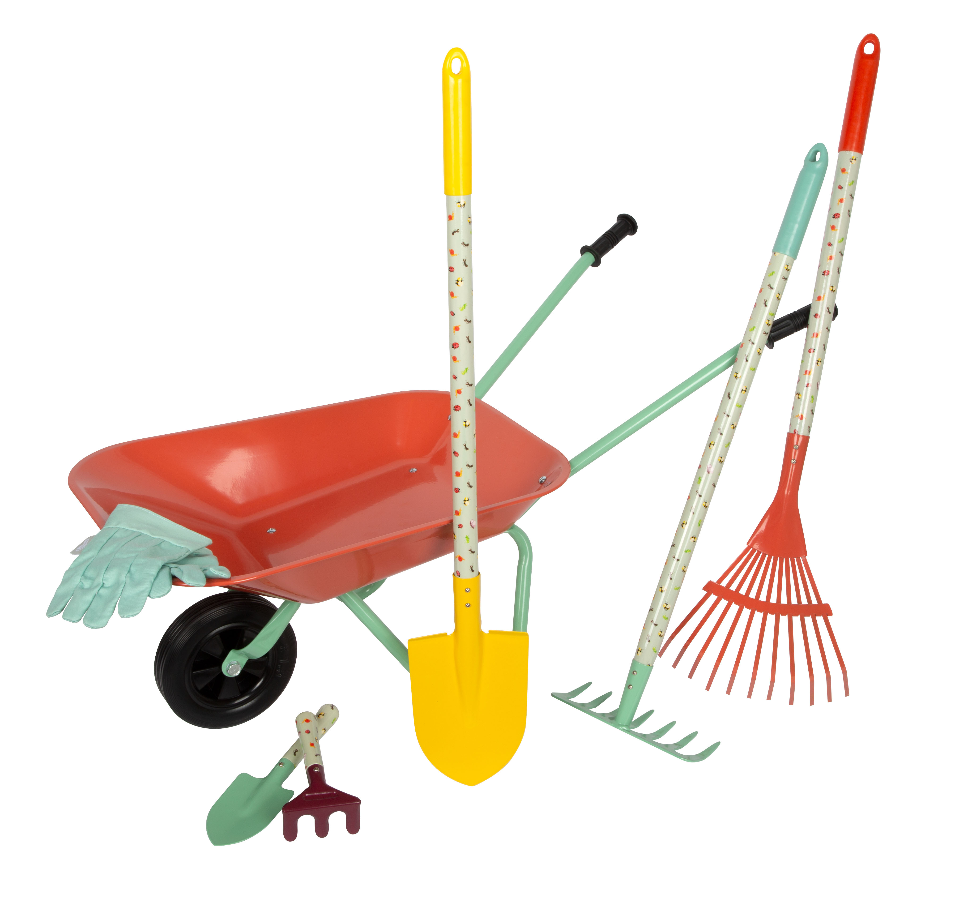 Kinder-Schubkarre mit farbenfrohen Gartenwerkzeugen für Kinder