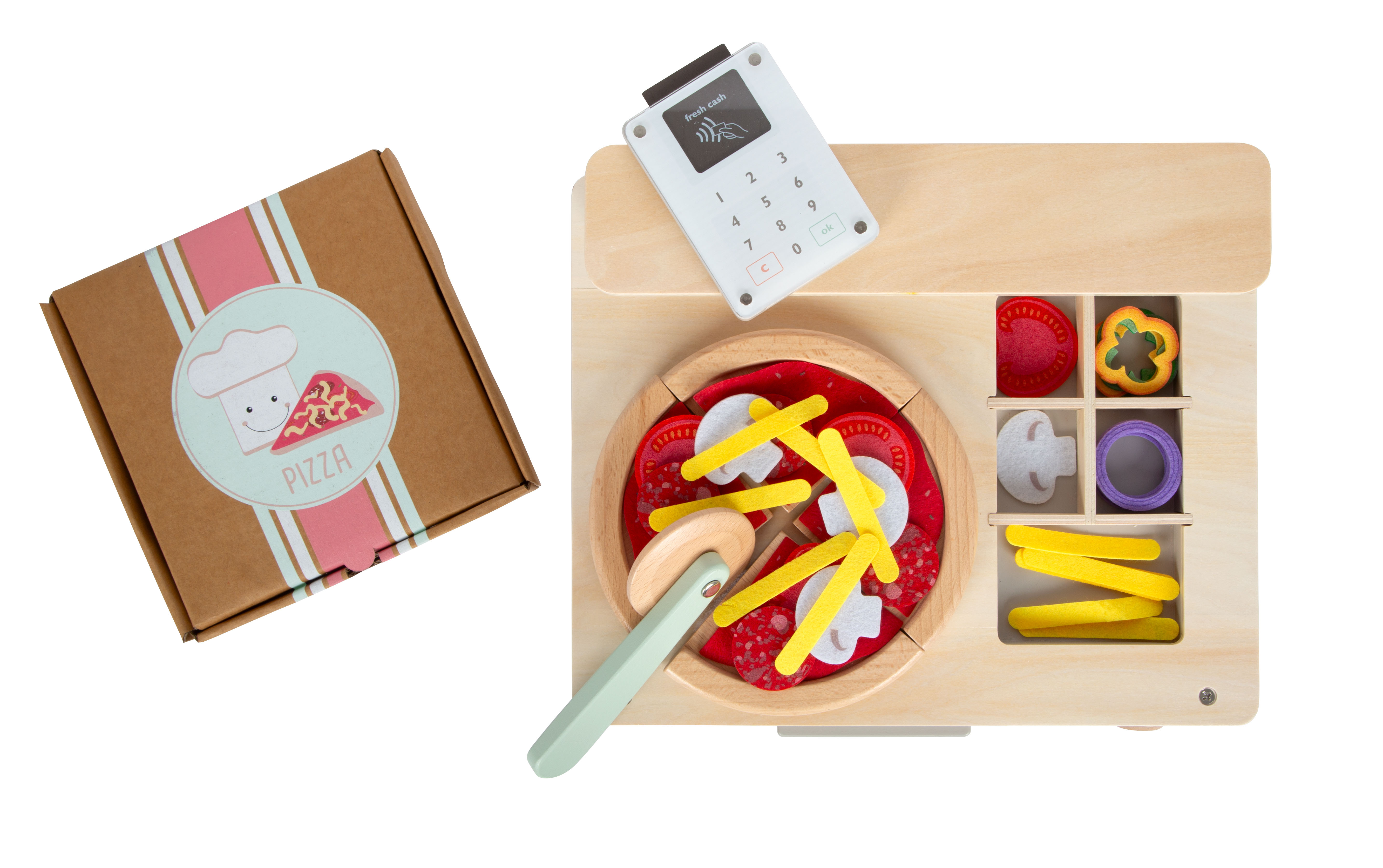 Pizzaofen aus Holz mit Pizza und Kartenlesegerät zum Spielen