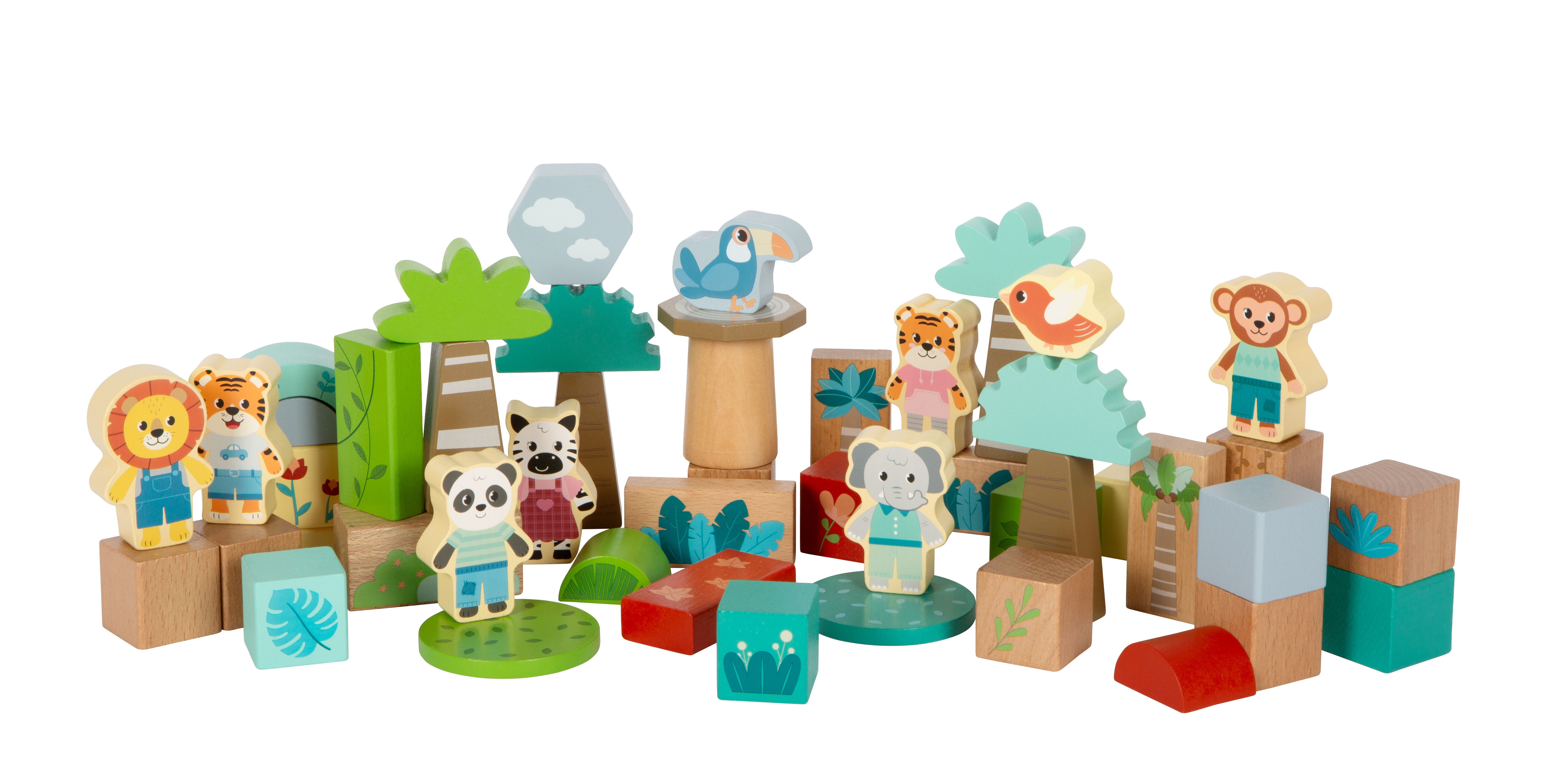 Holzbausteine Jungle & Friends als aufgebautes Set mit Zubehör