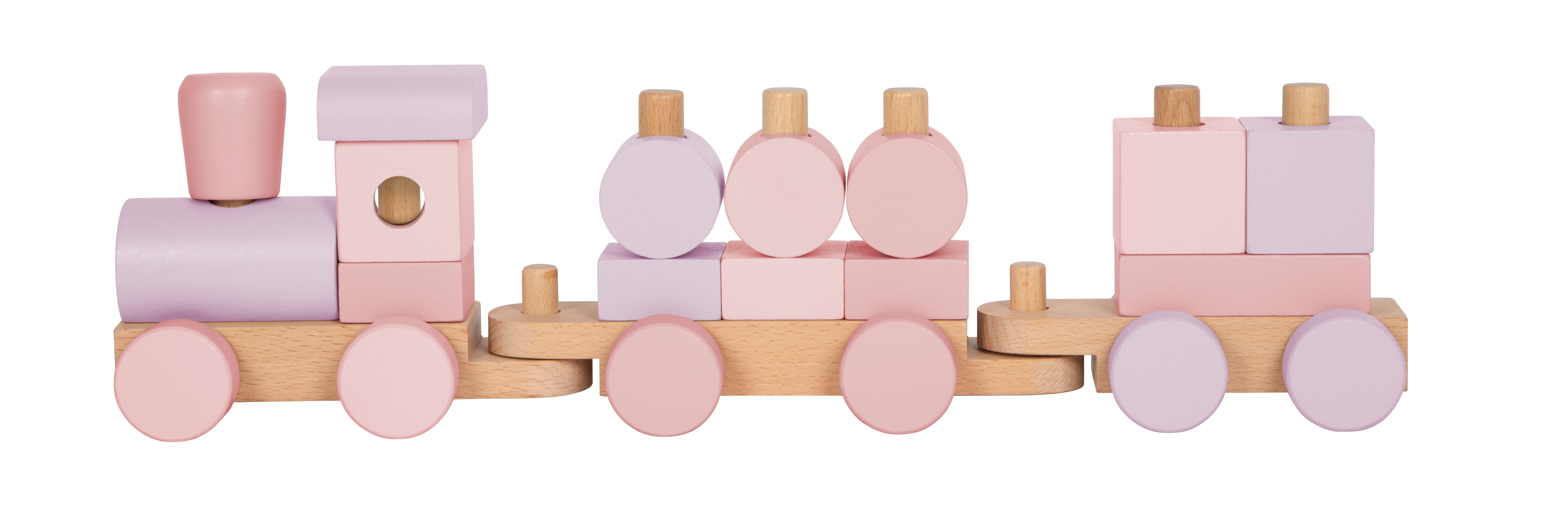 rosa Holzzug mit Wagons und Bausteinen