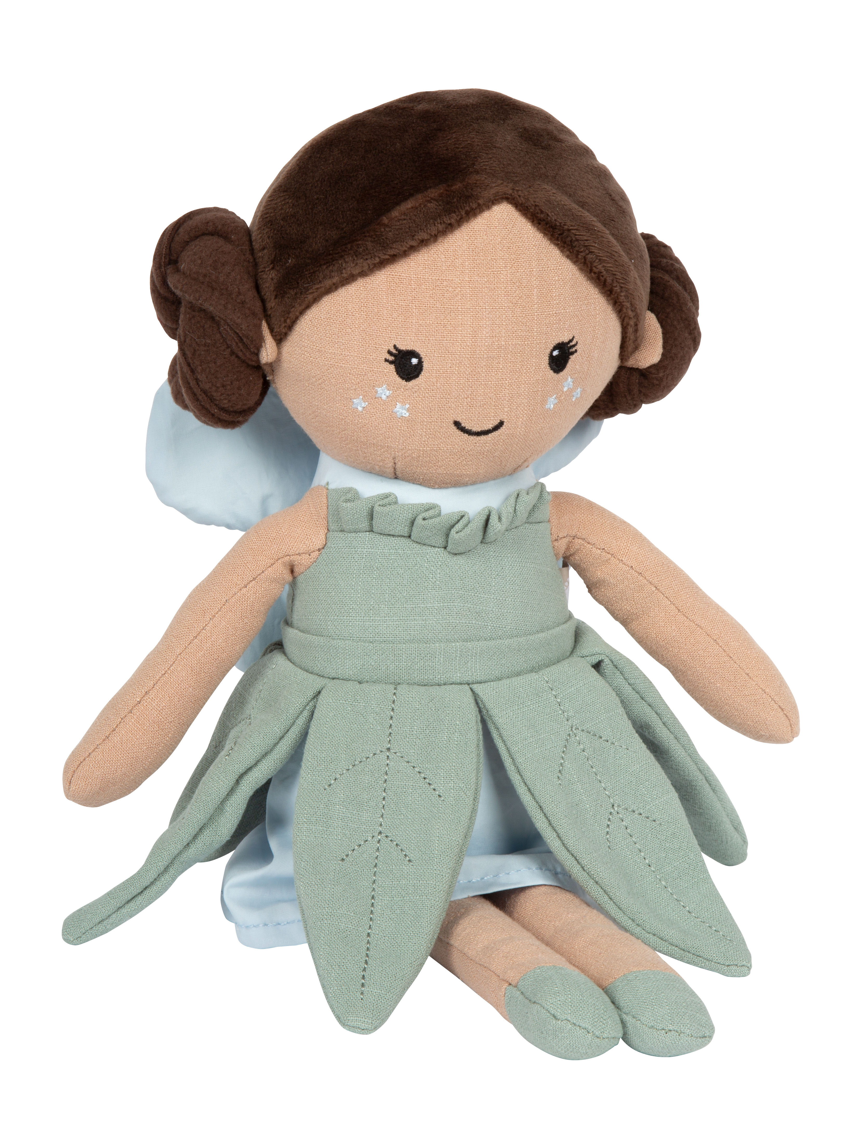 Stoffpuppe Fee Flora mit Blumenkleid und Blättermotiven