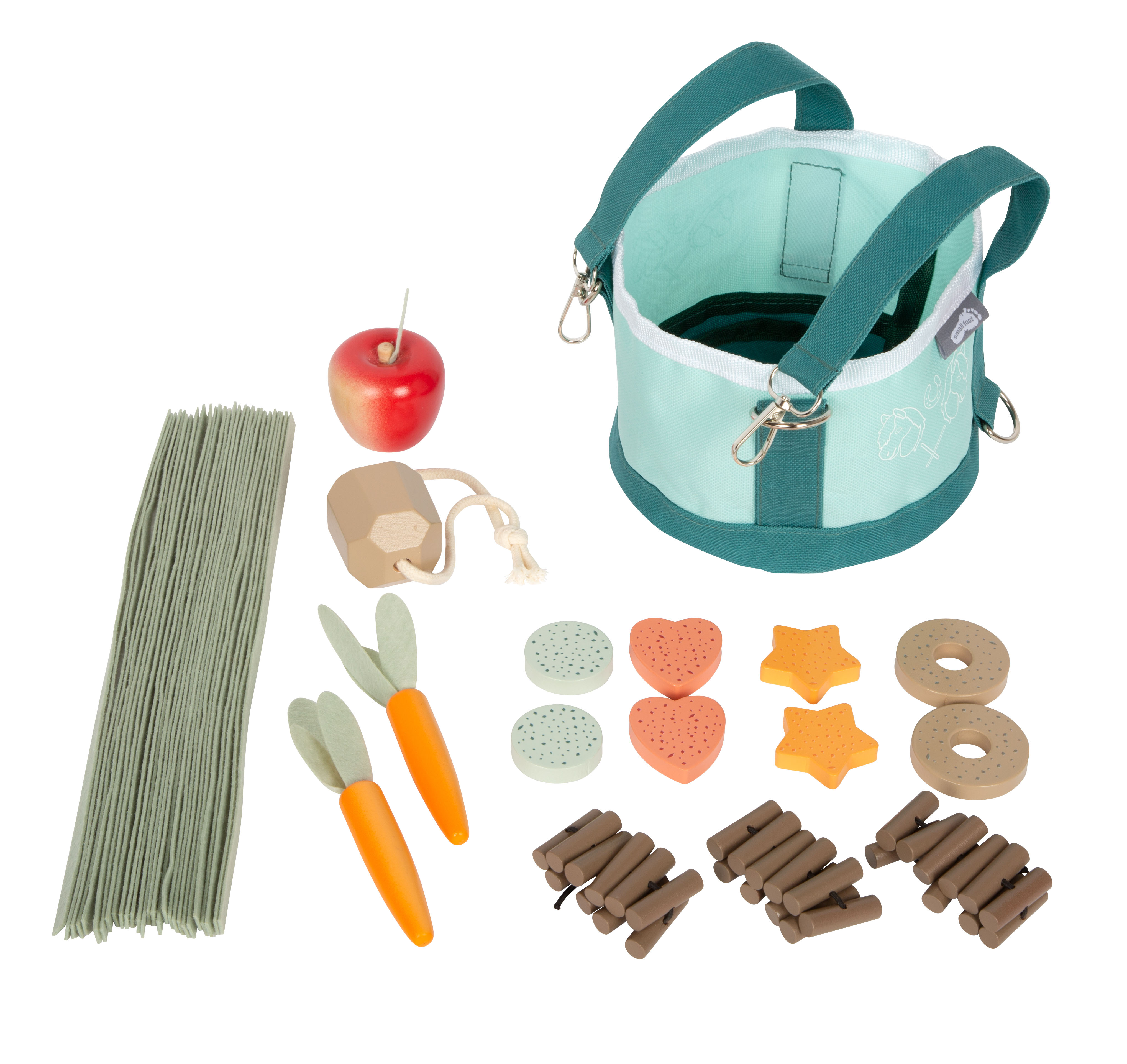 Pferdefutter-Tasche mit Heu, Möhren, Apfel, Salz-Leckstein, Leckerlies und Pellets