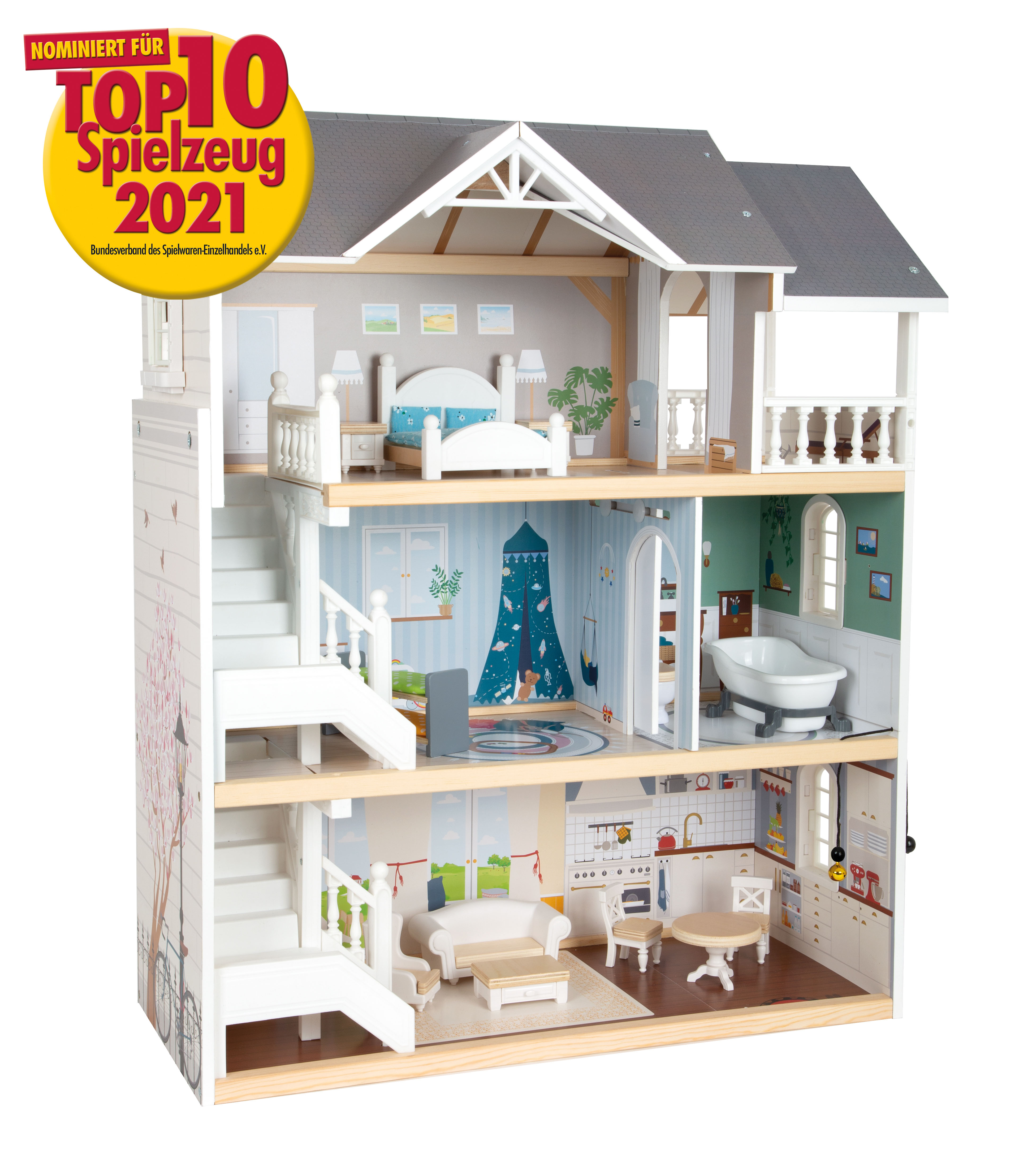 Puppenhaus mit drei Etagen und Möbeln