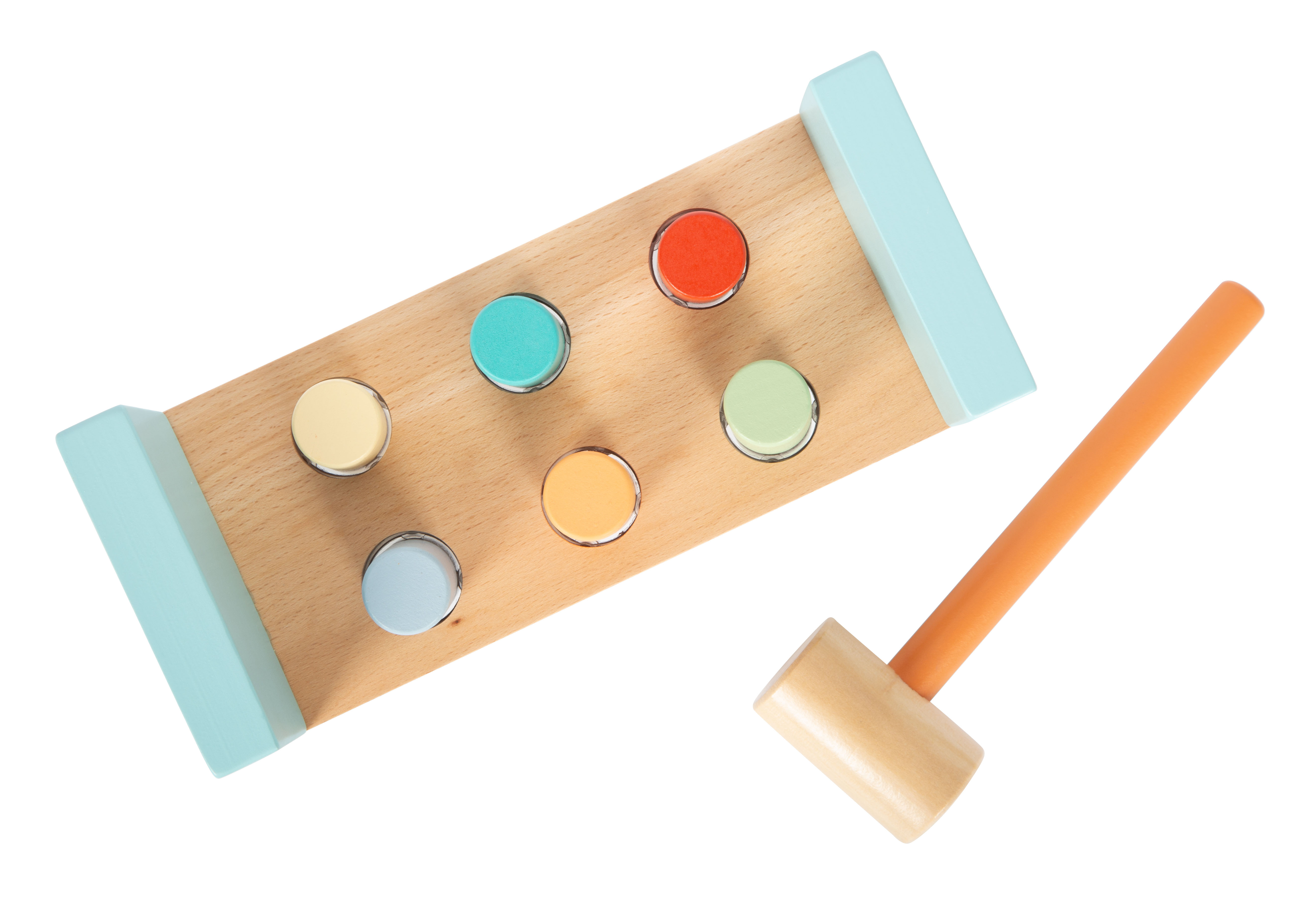 Klopfspiel für Kinder mit hellblauer Klopfbank und Hammer aus Holz