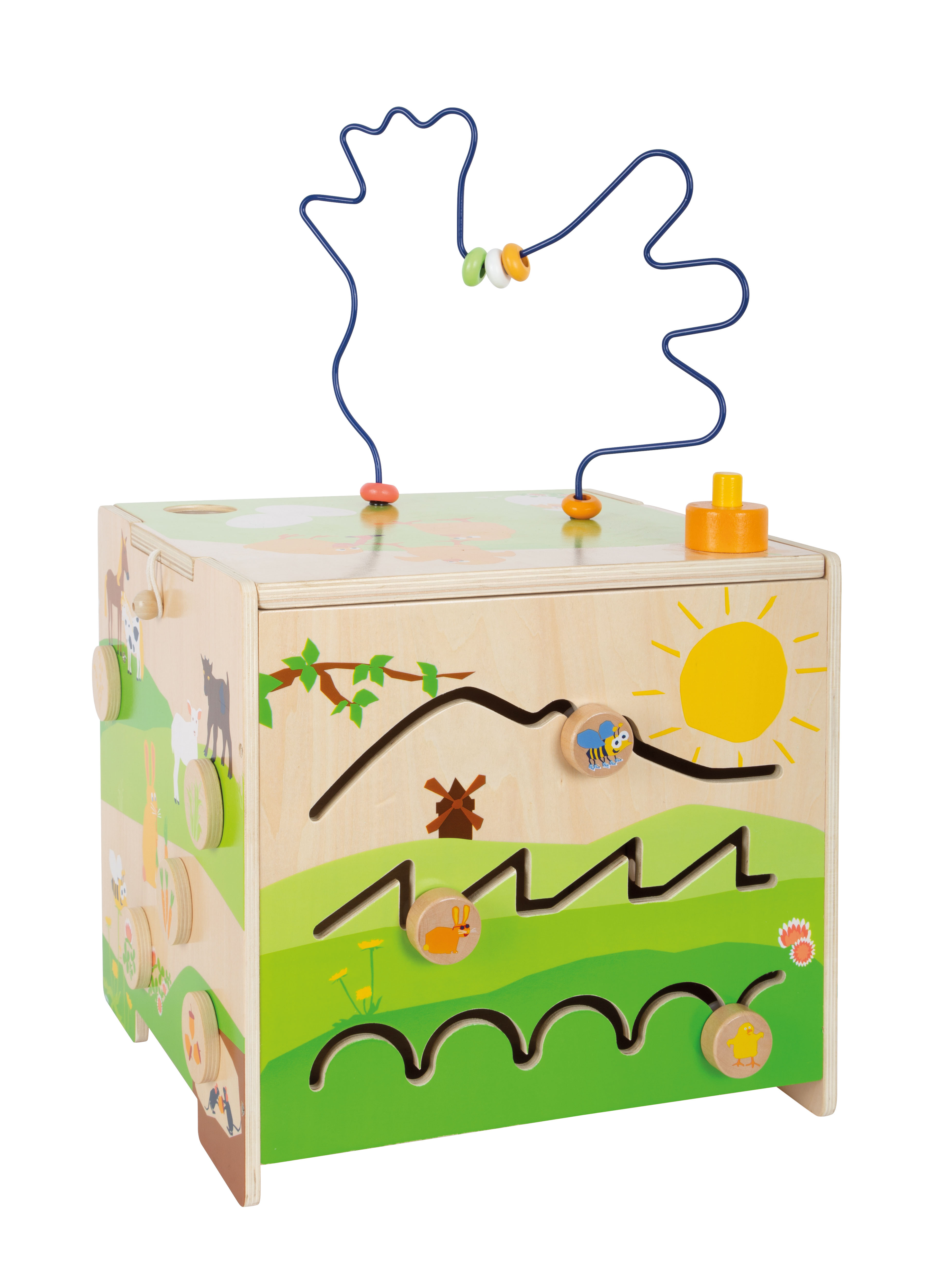 Bunter Motorikwürfel aus Holz mit Tieren