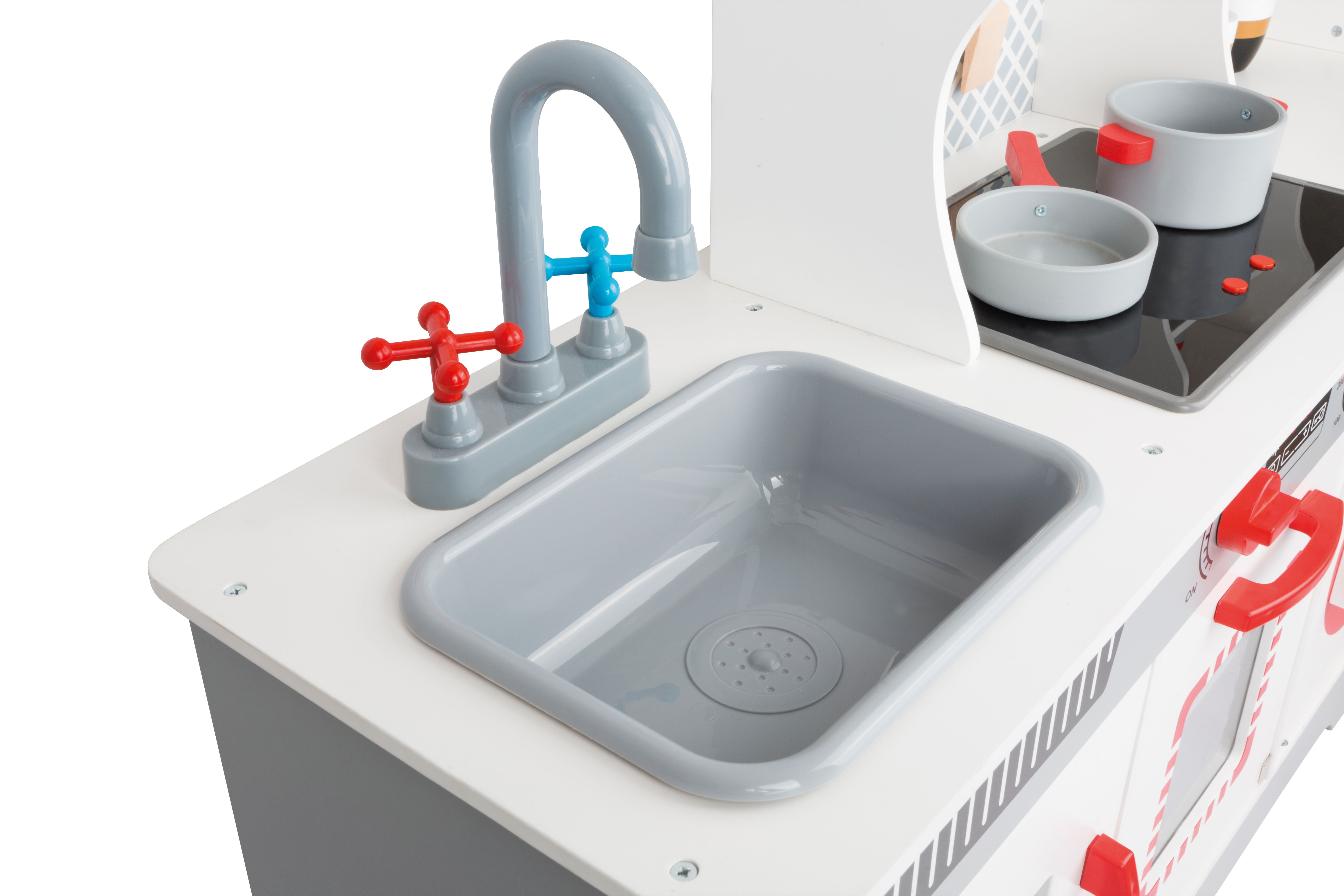 Graue Kinderküche aus Holz mit Spülbecken