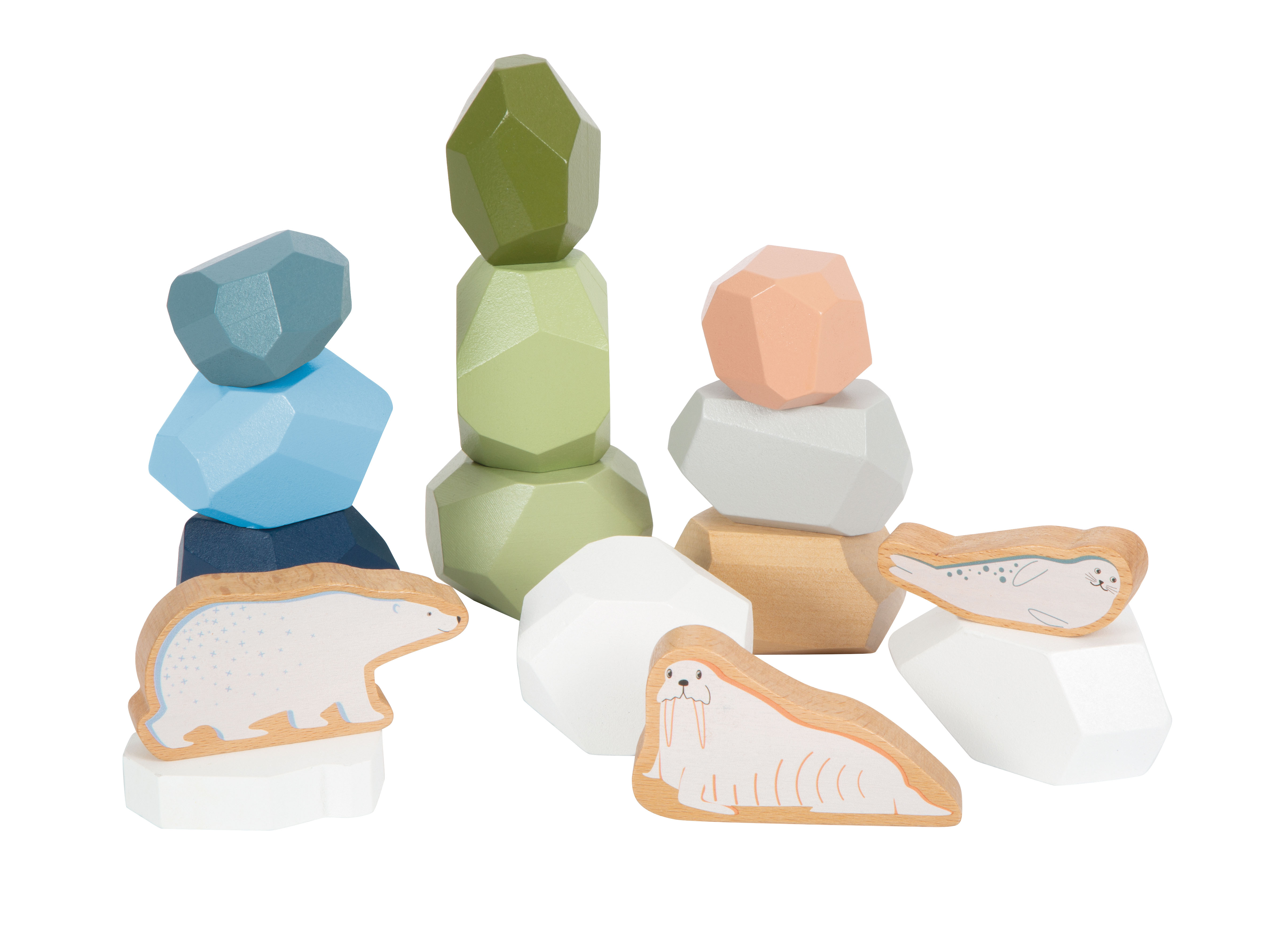 Balanciersteine aus Holz mit Arktis-Tierfiguren