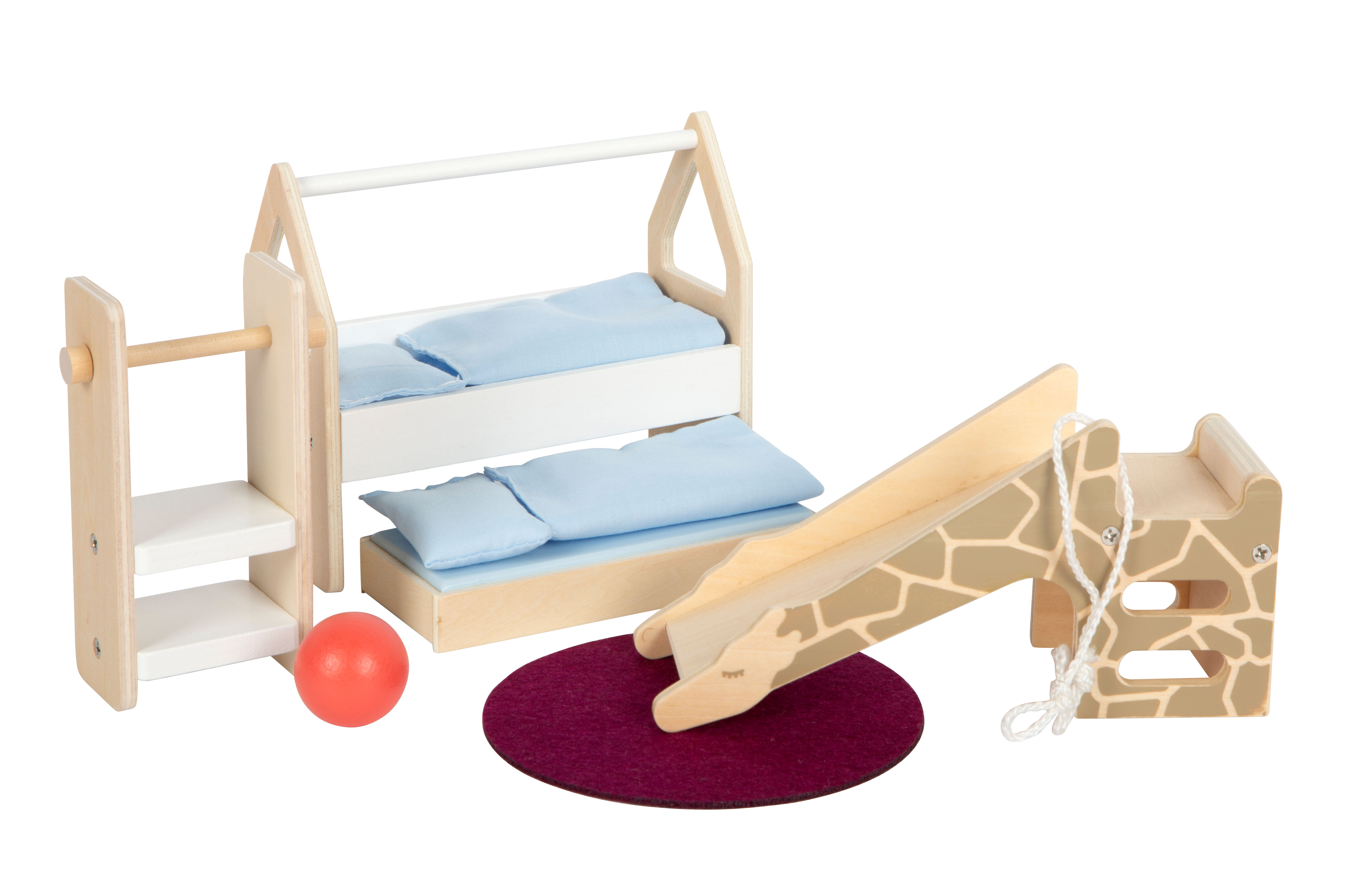 Puppenhausmöbel Kinderzimmer komplett Rutsche Bett Schrank Teppich