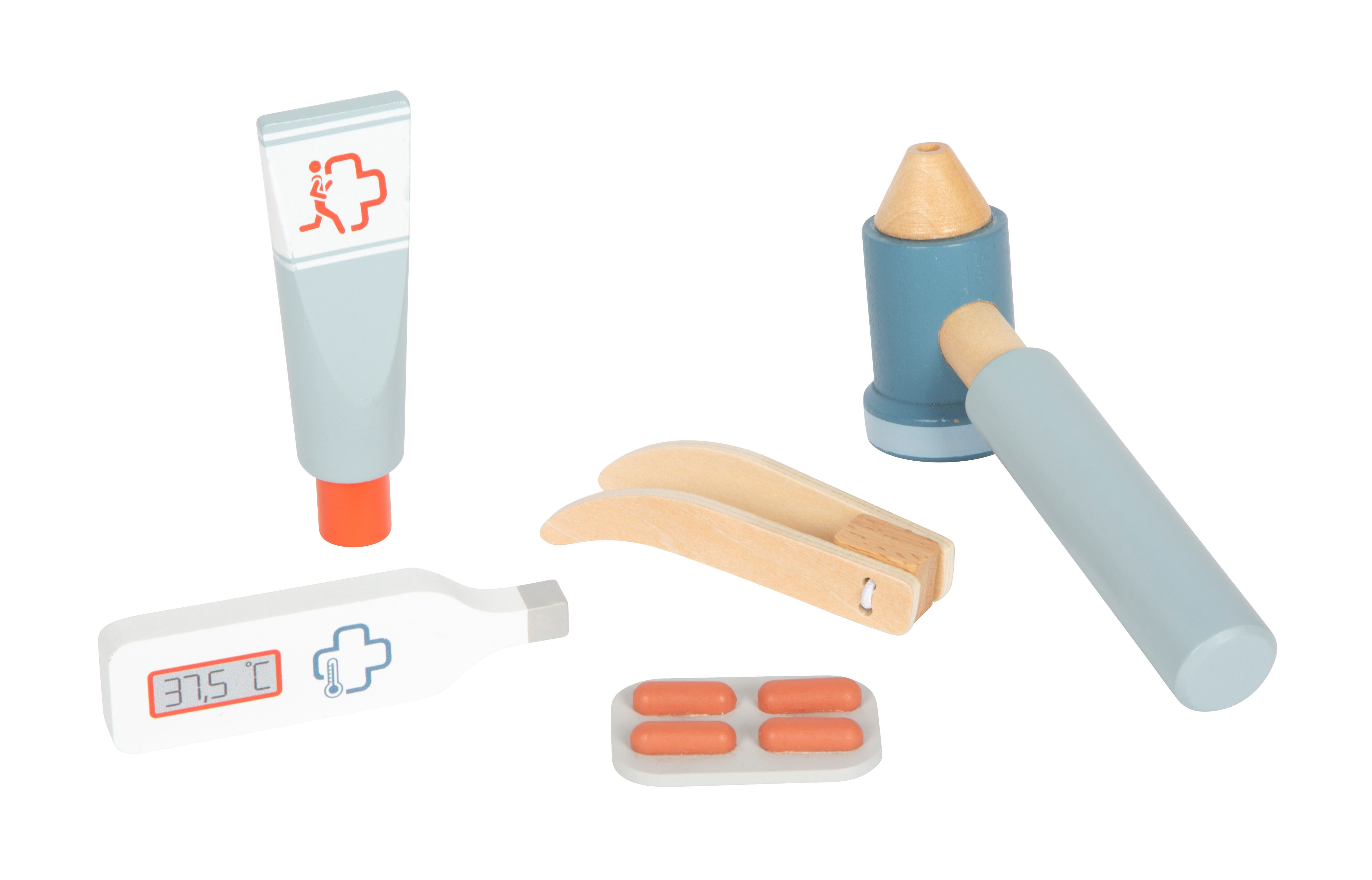 Notarzttasche mit Medikamenten, Thermometer, Otoskop und Pinzette