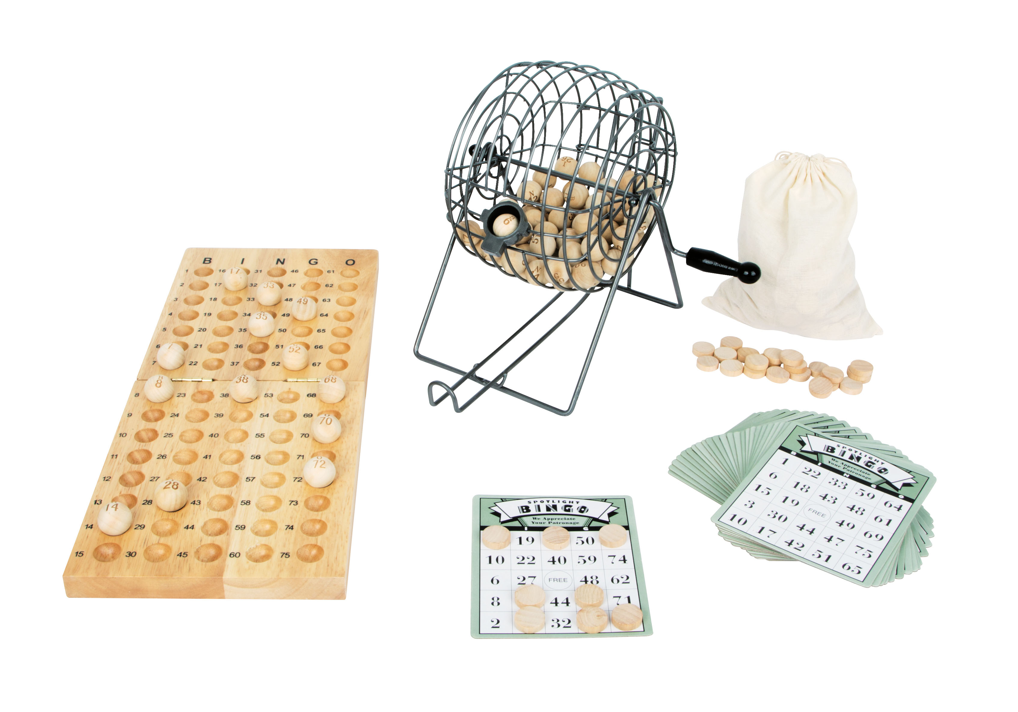 Bingo-Set mit Karten und Kugeln aus Holz