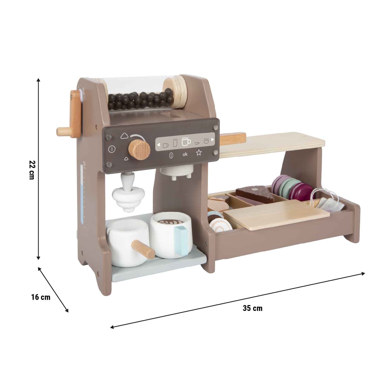 Barista-Café-Set als Maßgrafik mit Produktabmessungen