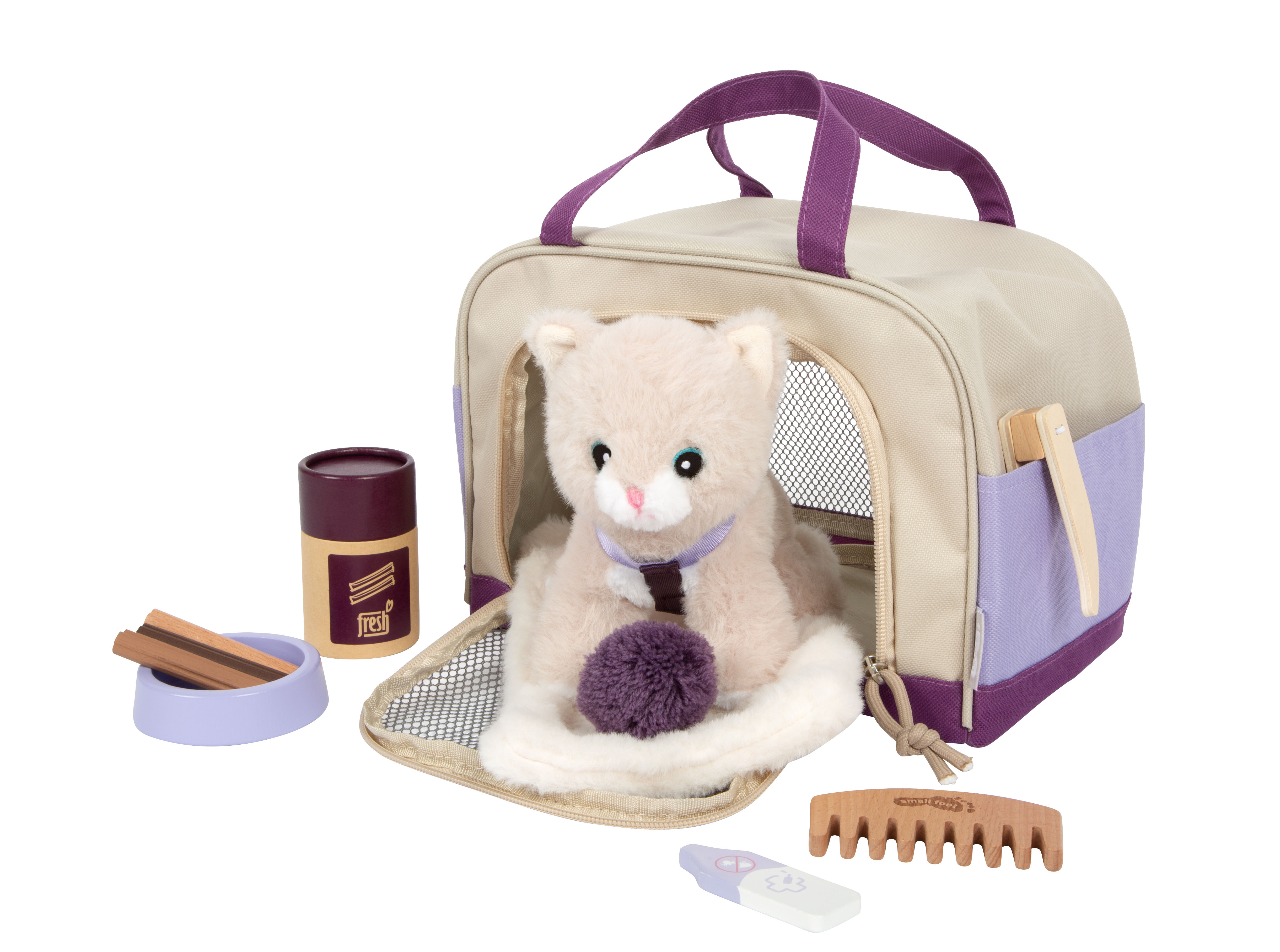 Katze mit Tasche und Pflegeset mit Zubehör Zubehör in Tragetasche