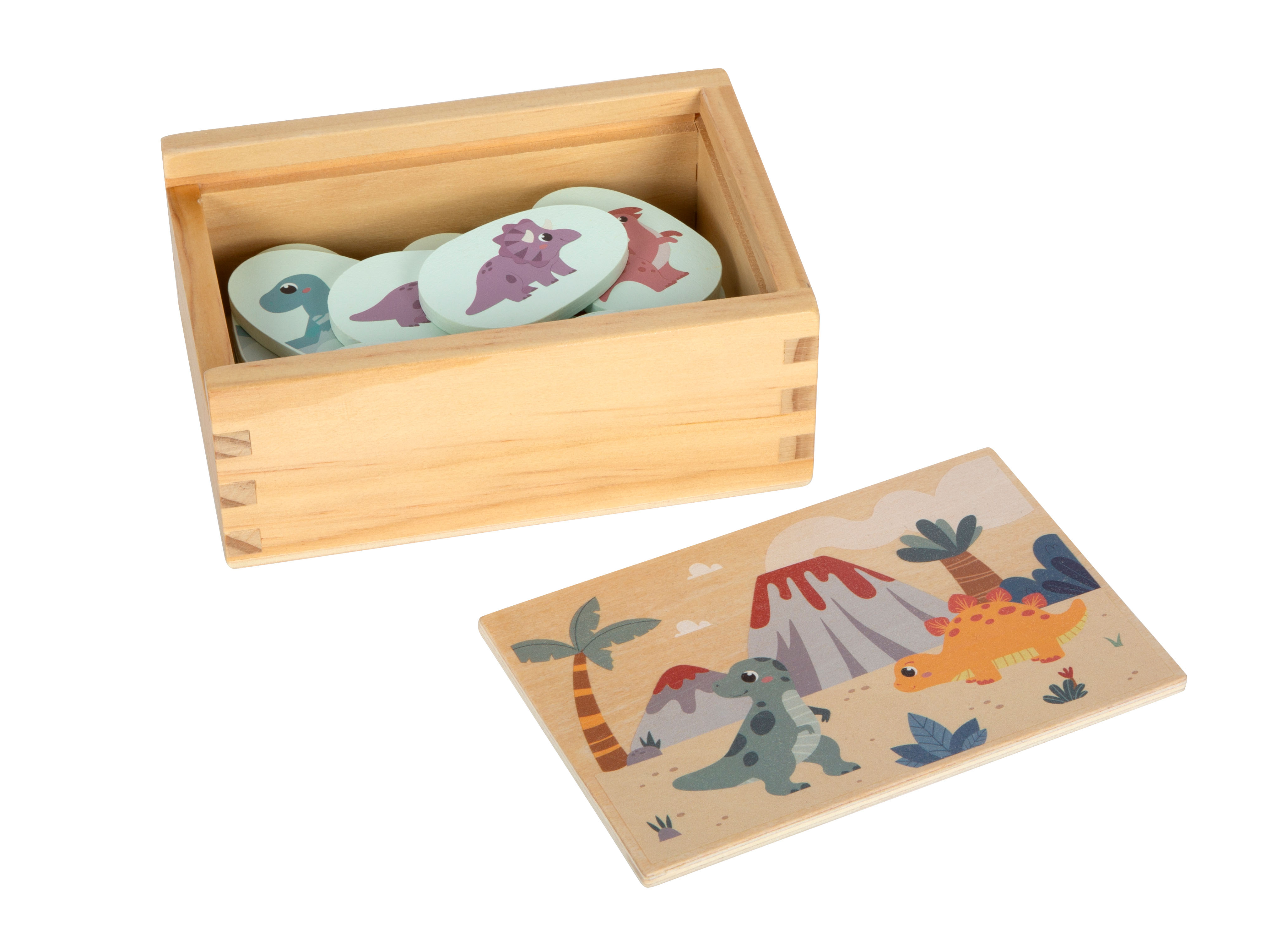 Holzbox mit Dino-Motiven und Memo-Spiel