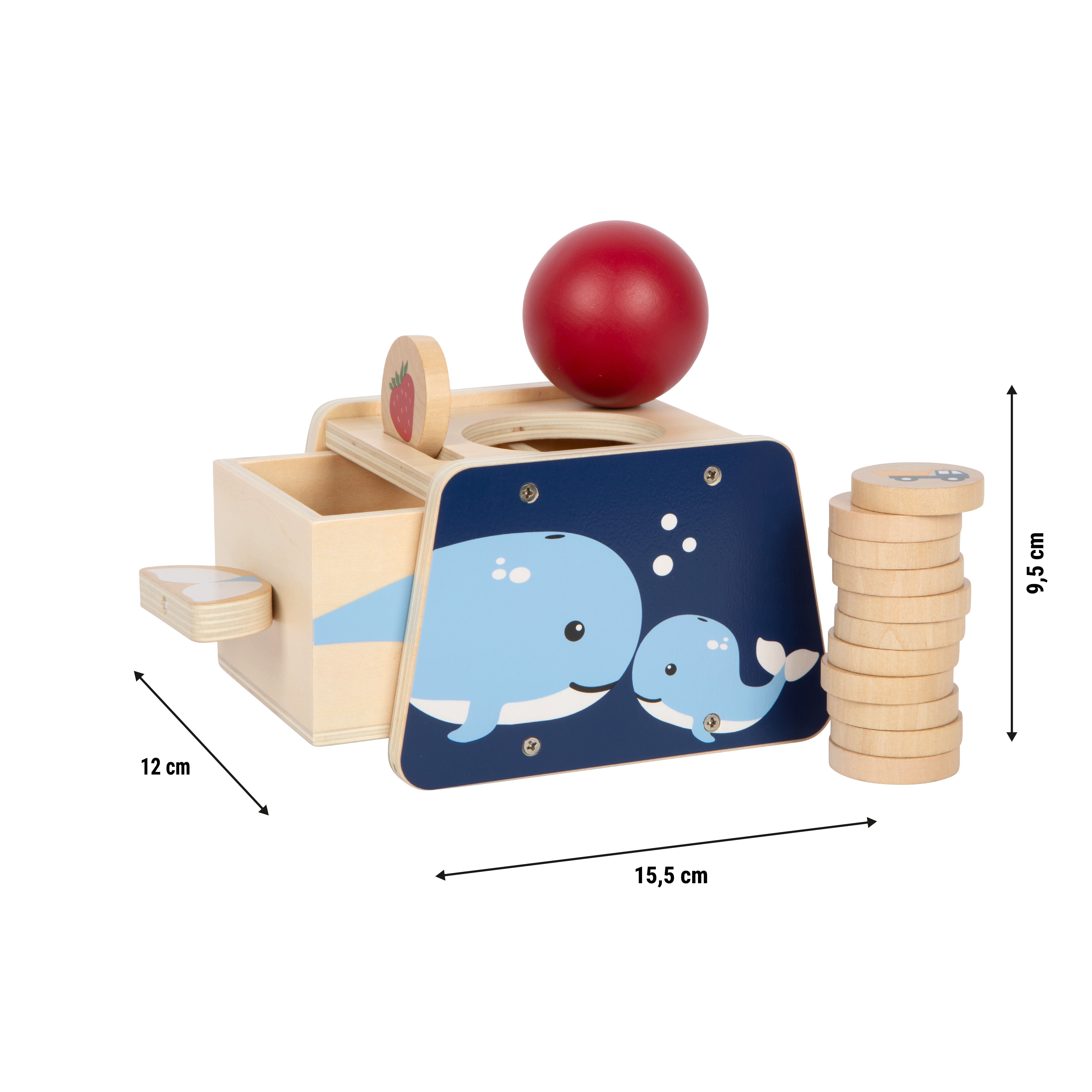 Baby-Box 10–12 Monate „Ordnen & Sortieren“ als Maßgrafik mit Produktabmessungen