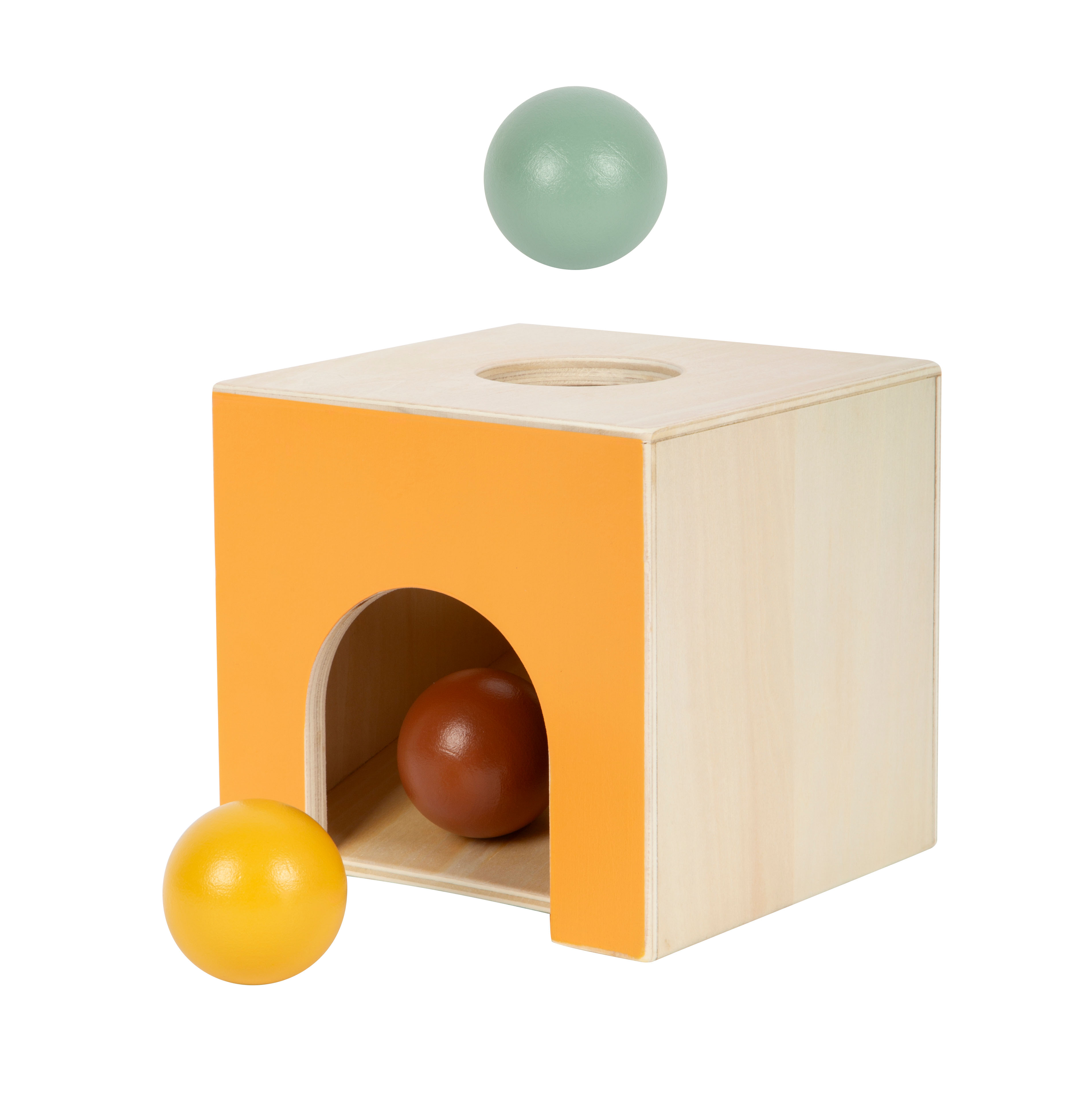 Montessori-Kugelkasten mit rollenden Kugeln zum Einwerfen