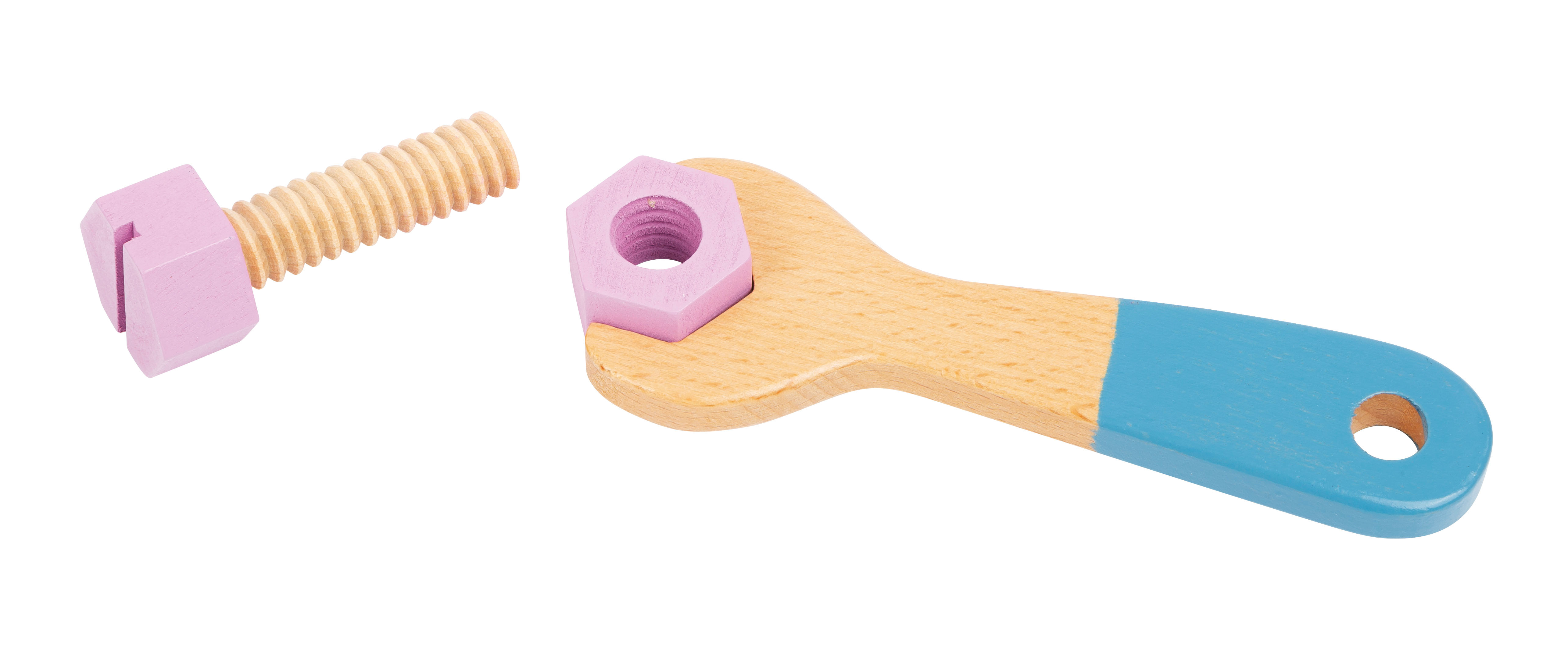 Schraubenschlüssel aus Holz mit Mutter