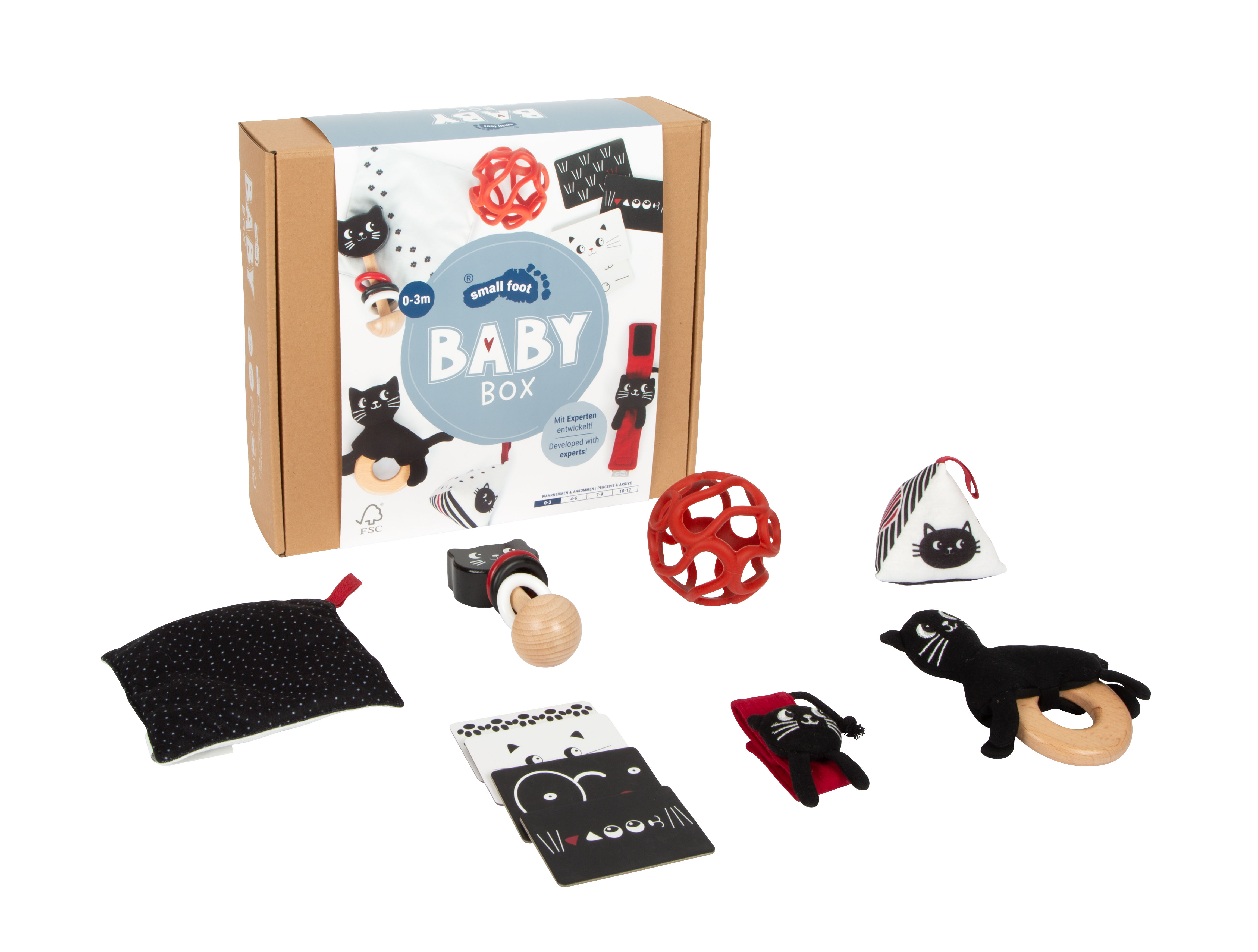 Baby box, Teething toy, Katzemotiv, Holzring, Weiches Spielzeug