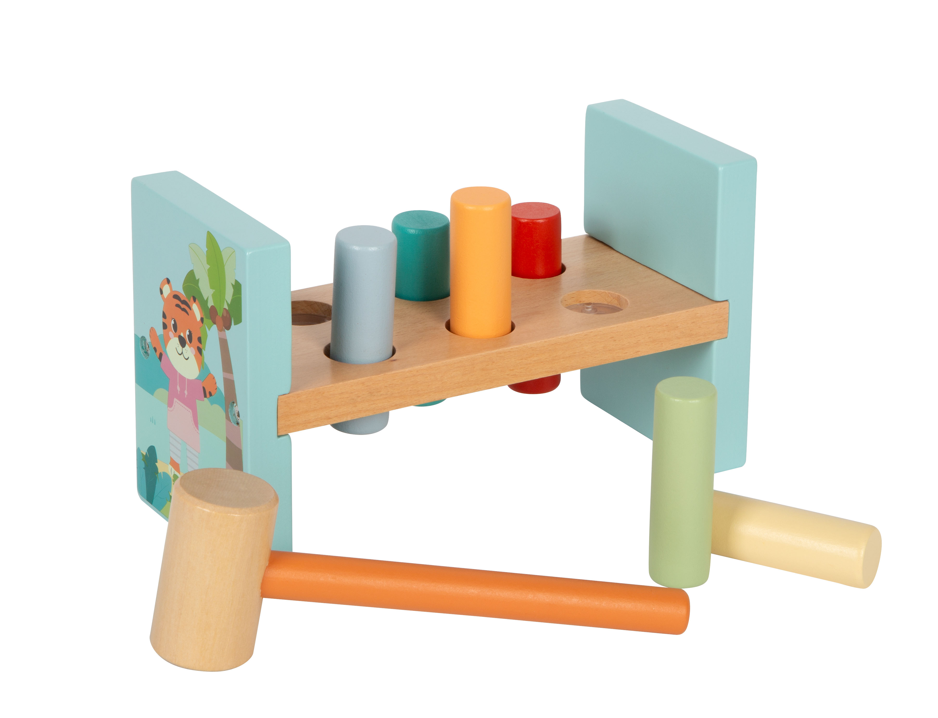 Bunte Klopfbank für Kinder mit Hammer und Tiger-Motiv
