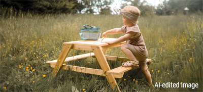 Kind spielt mit Picknicktisch für Kinder