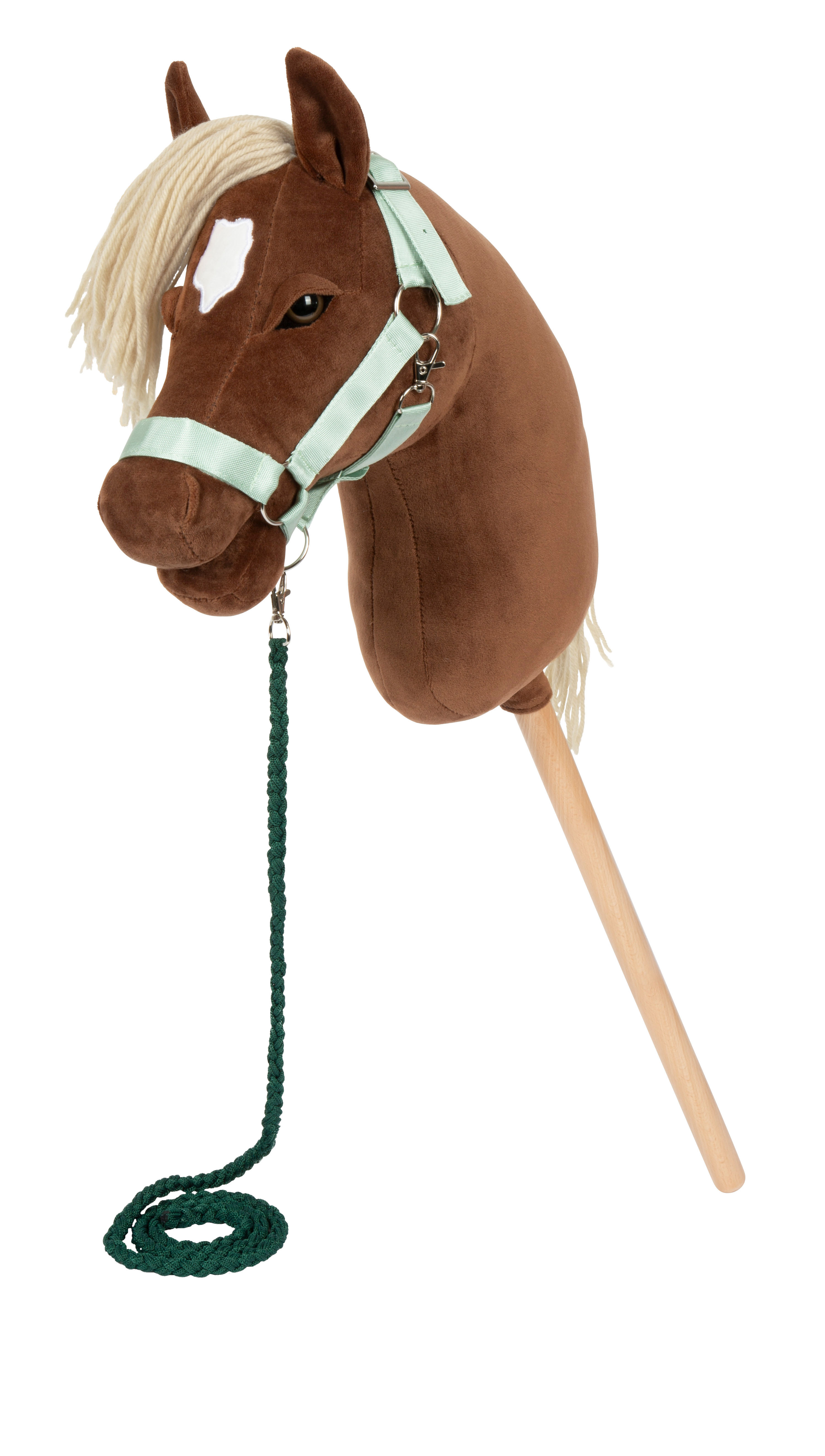 Dunkelbraunes Hobby Horse Rocco mit dunkelgrünem Führstrick