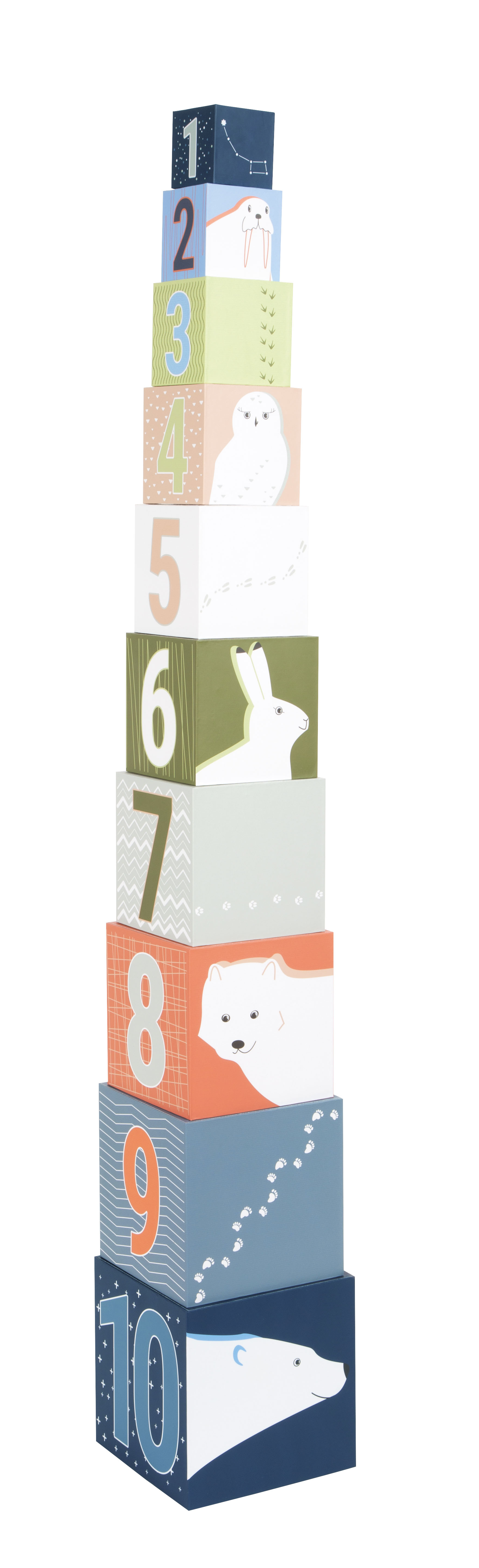 Stapelspielzeug mit Tierspuren und Zahlen