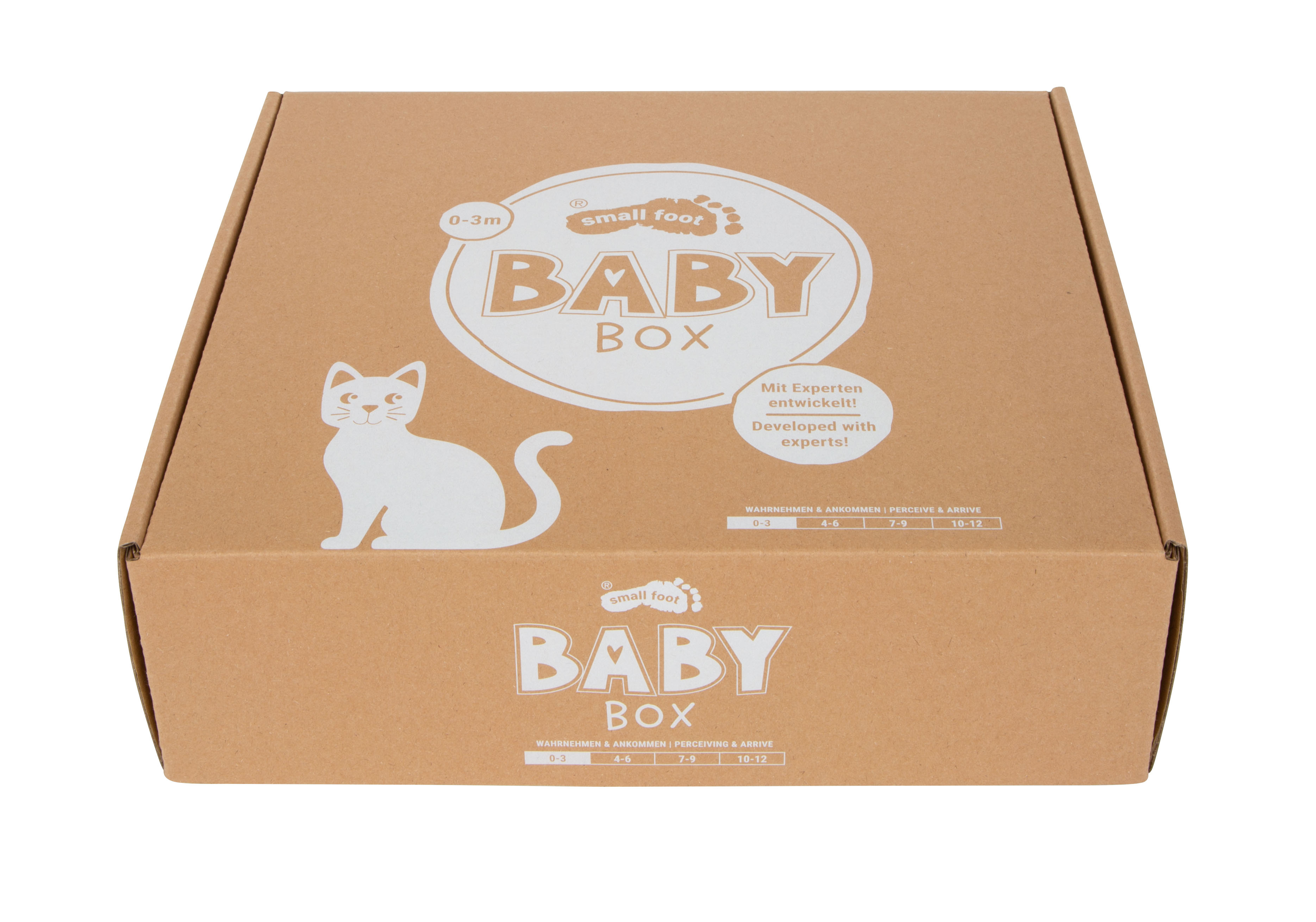 Baby Box,  Katzenillustration, braunes Karton, Verpackungskasten, small feet