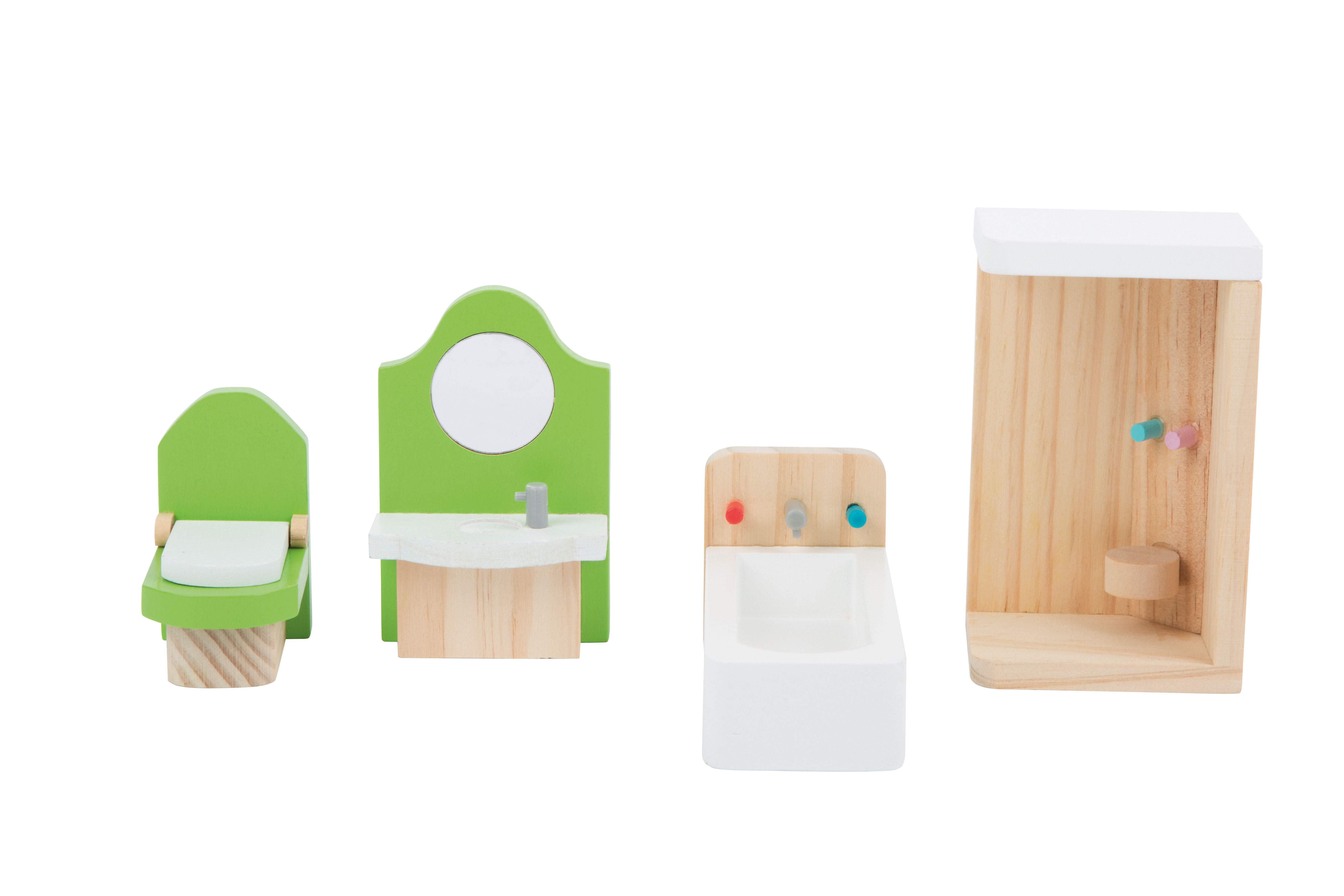 Puppenhausmöbel Badezimmer mit Dusche, Klo, Waschbecken und Badewanne