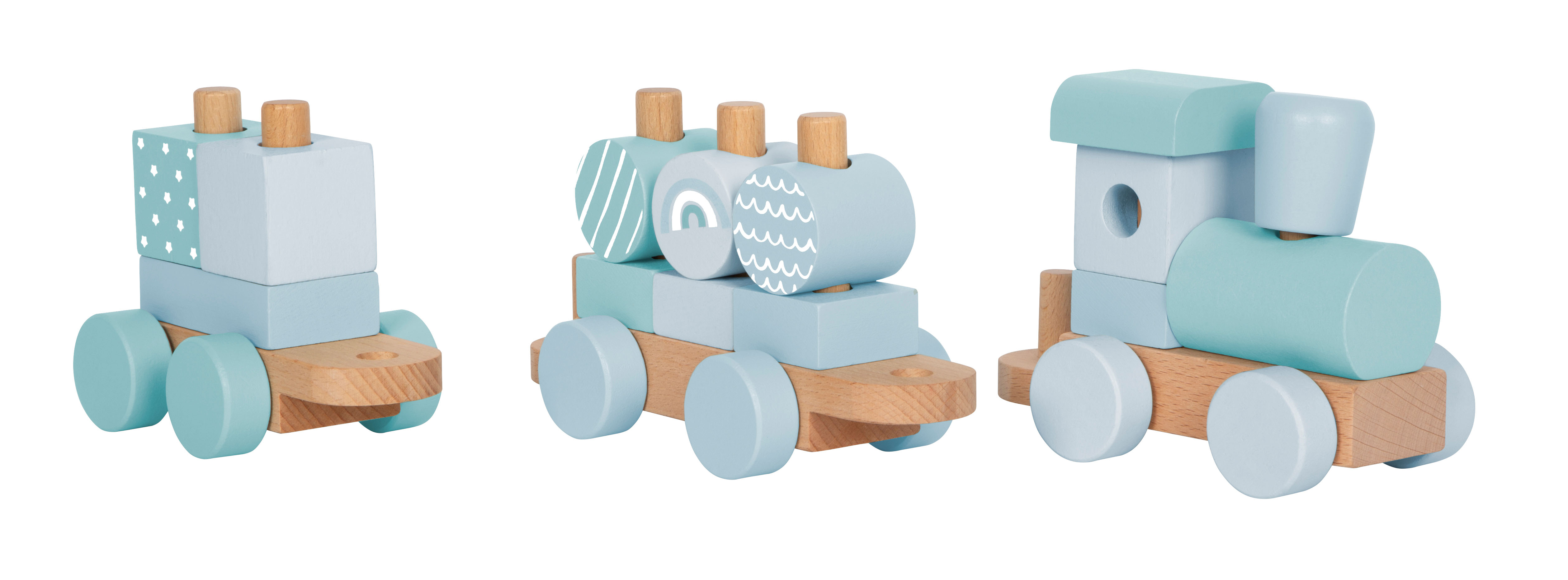 Blauer Holzzug auf Rädern