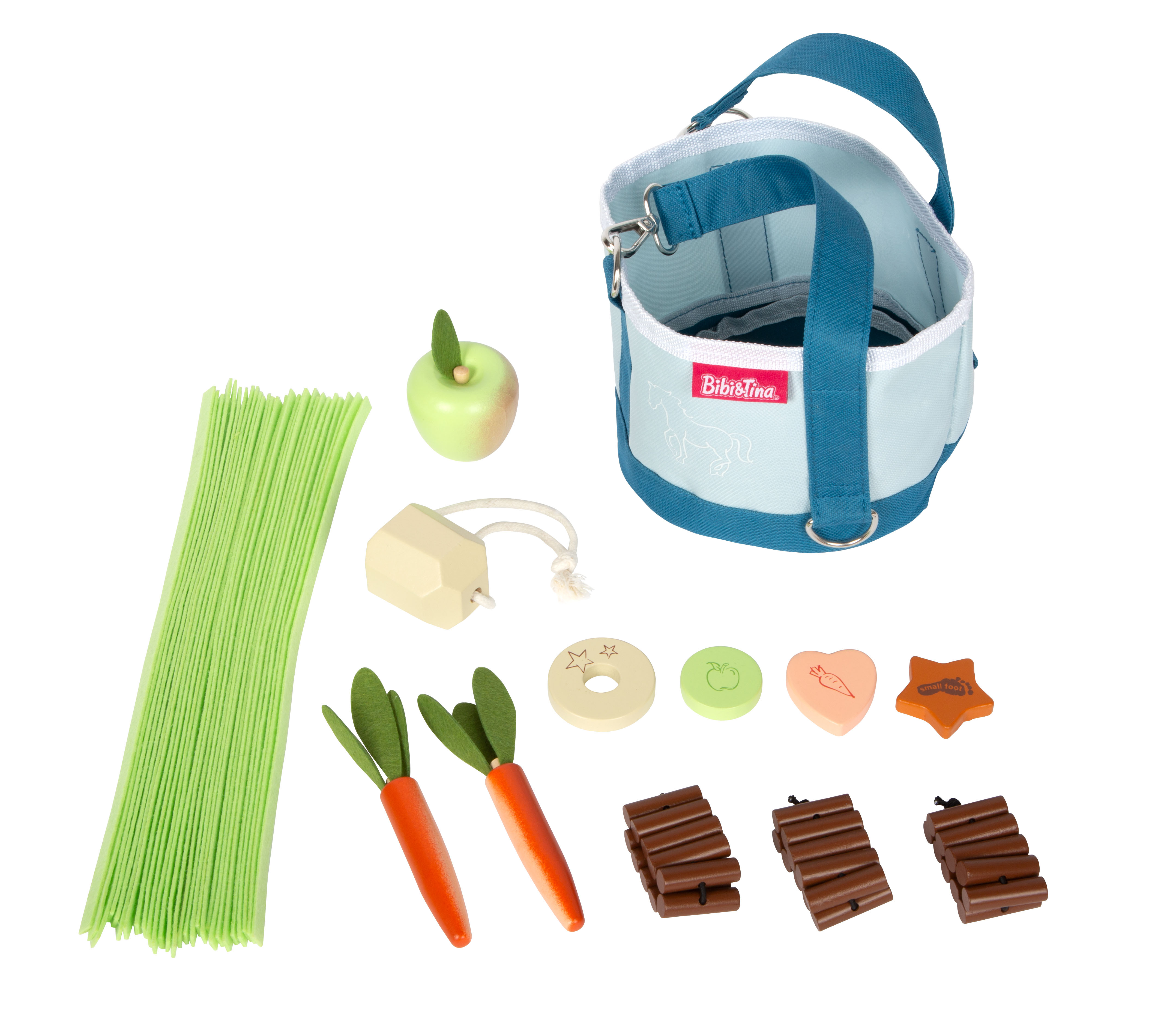 Einzelteile von Pferdefutter-Set mit Tasche