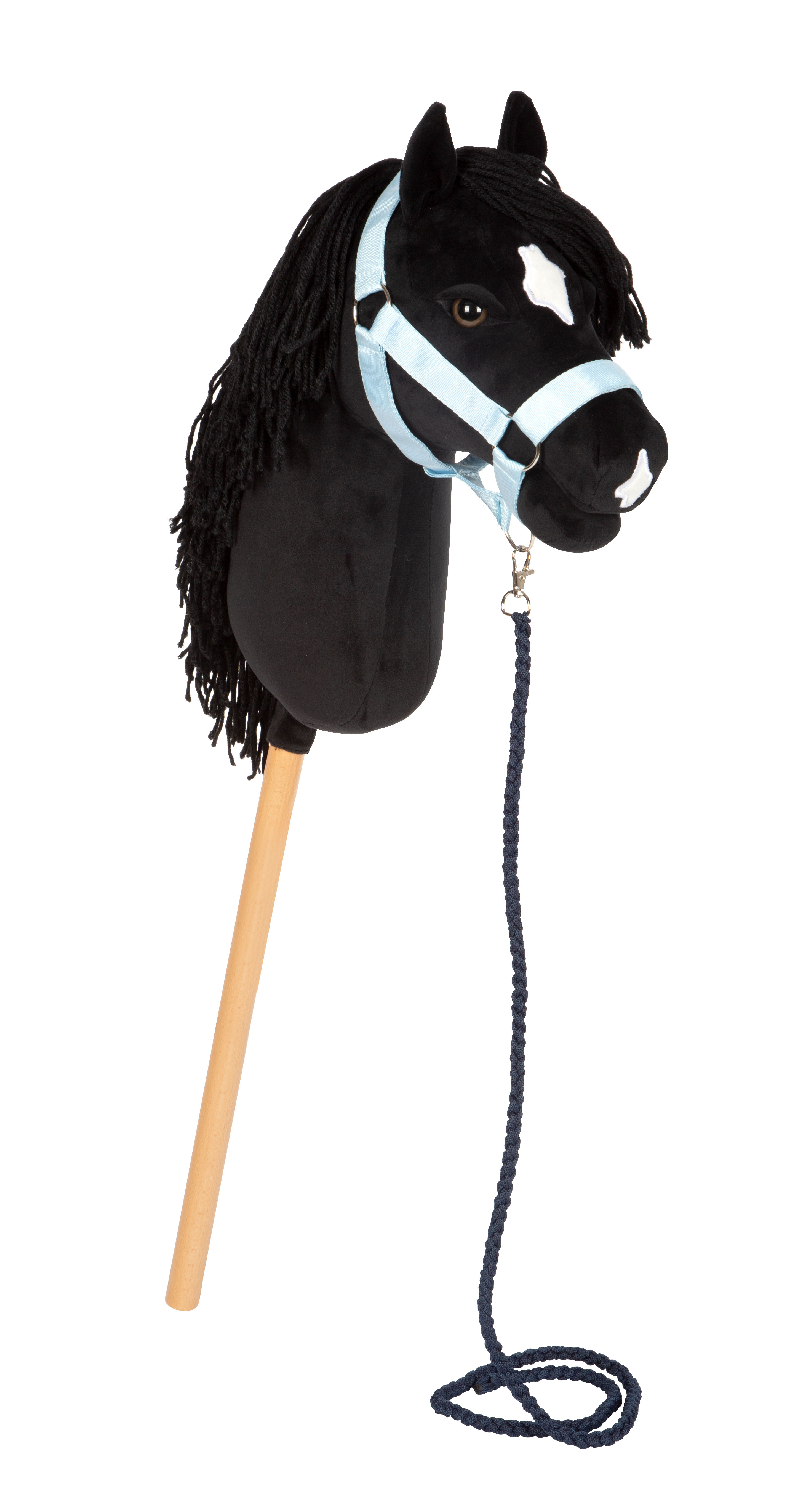 Schwarzes Steckenpferd aus Plüsch mit Halfter und Führstrick